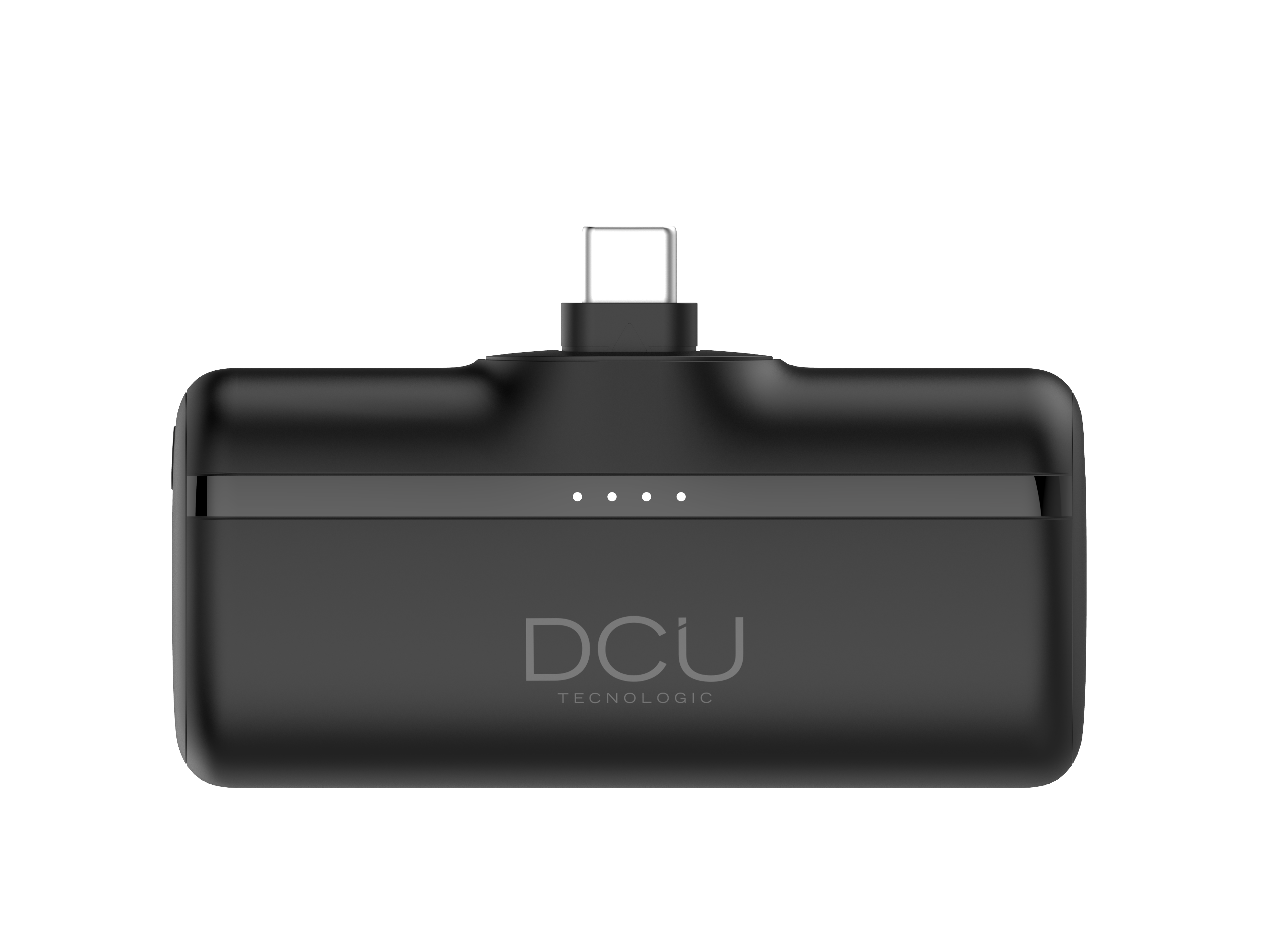 Un power bank negro de DCU Tecnologic con puerto USB-C y cuatro luces indicadoras.