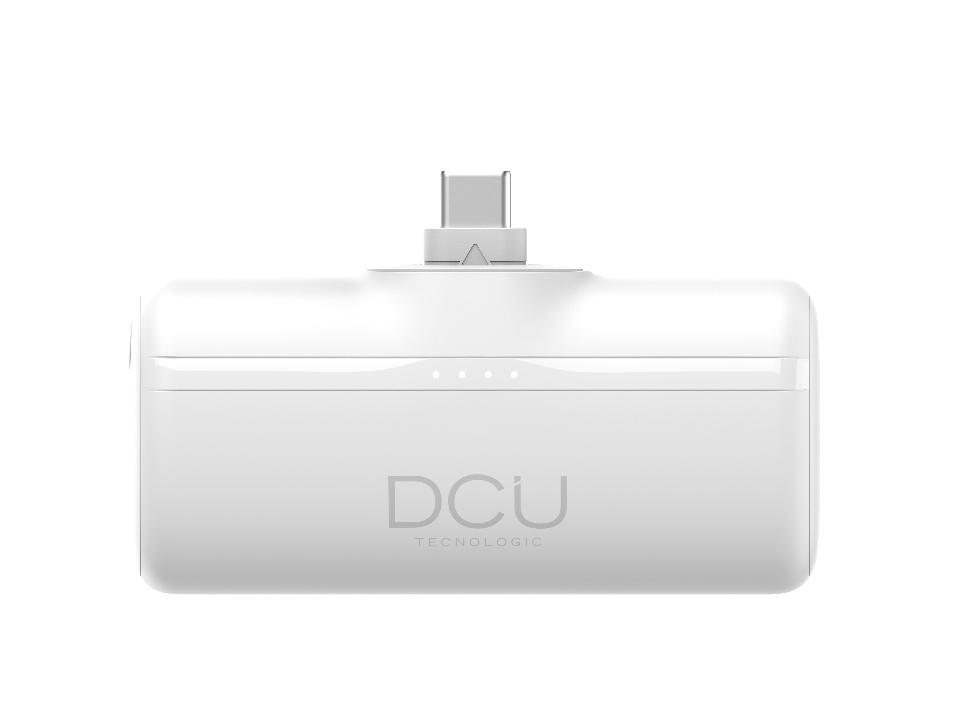 Cargador portátil blanco con puerto USB-C. Se ve la marca DCU en el dispositivo.