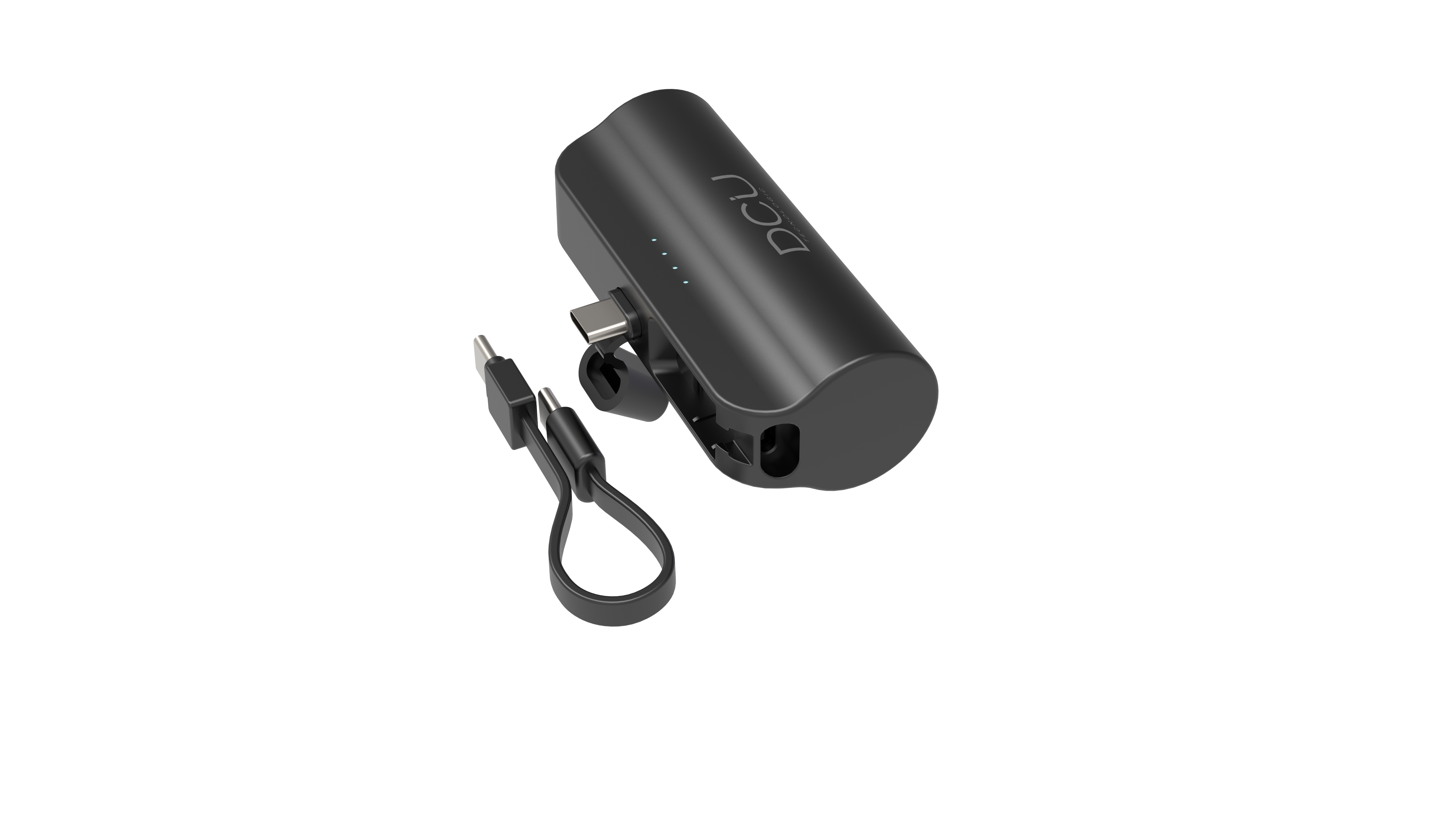 Un banco de energía negro con un cable USB y un puerto USB-C.