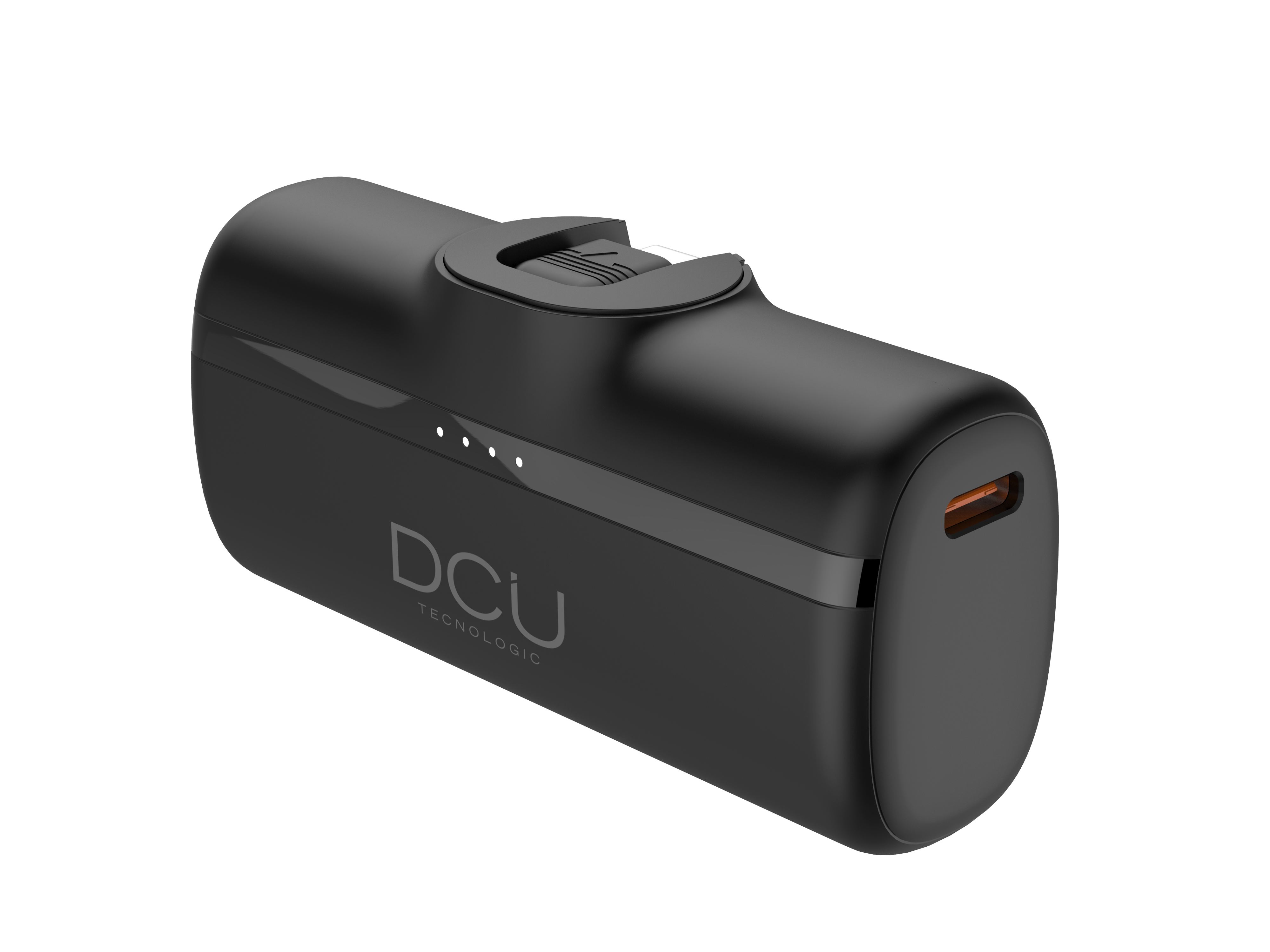 Batería externa negra DCU Tecnologic con indicadores y puerto USB-C. Tiene forma rectangular pequeña con bordes redondeados.