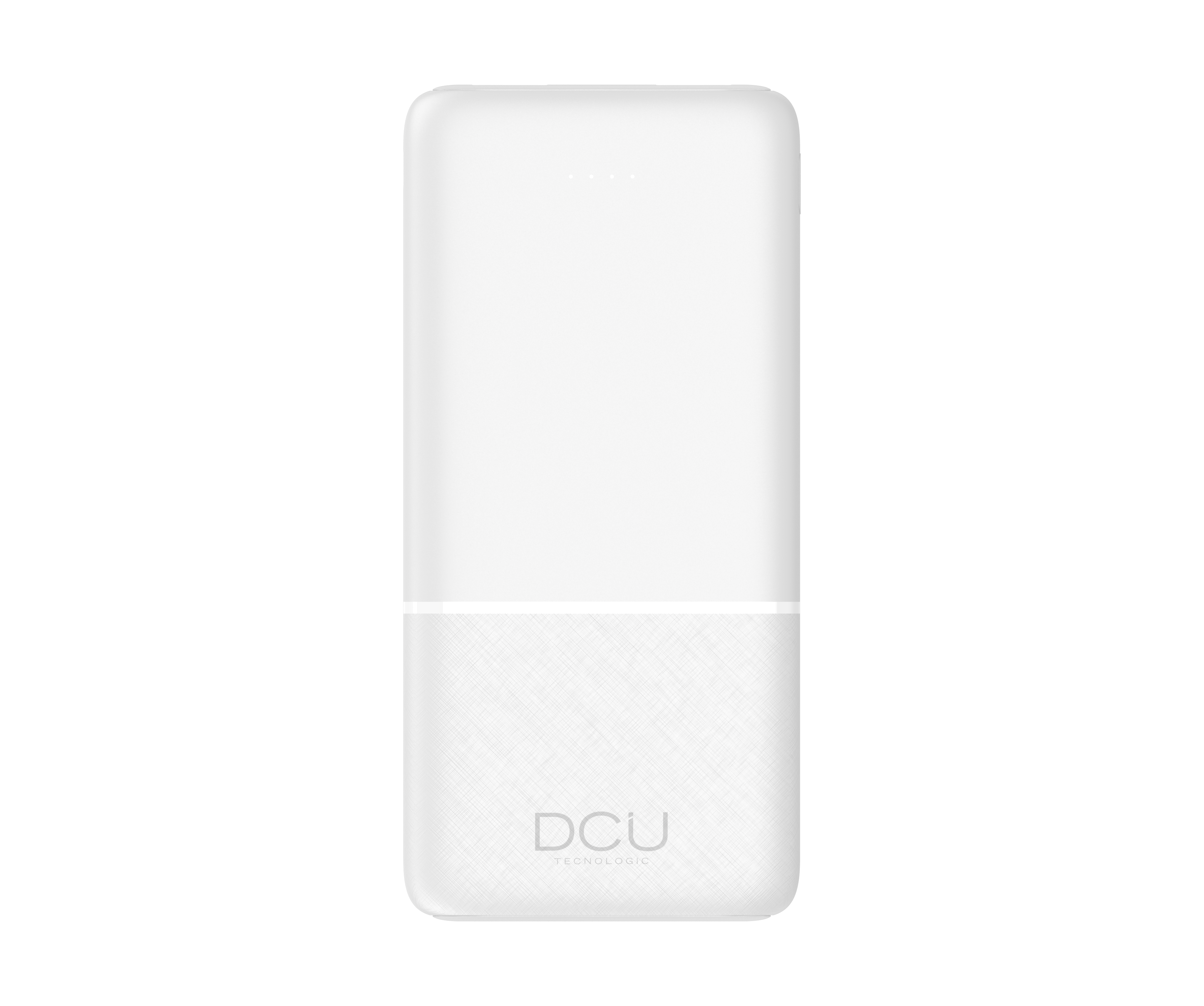 Banco de energía blanco, con parte superior y fondo blanco estampado y logotipo DCU.