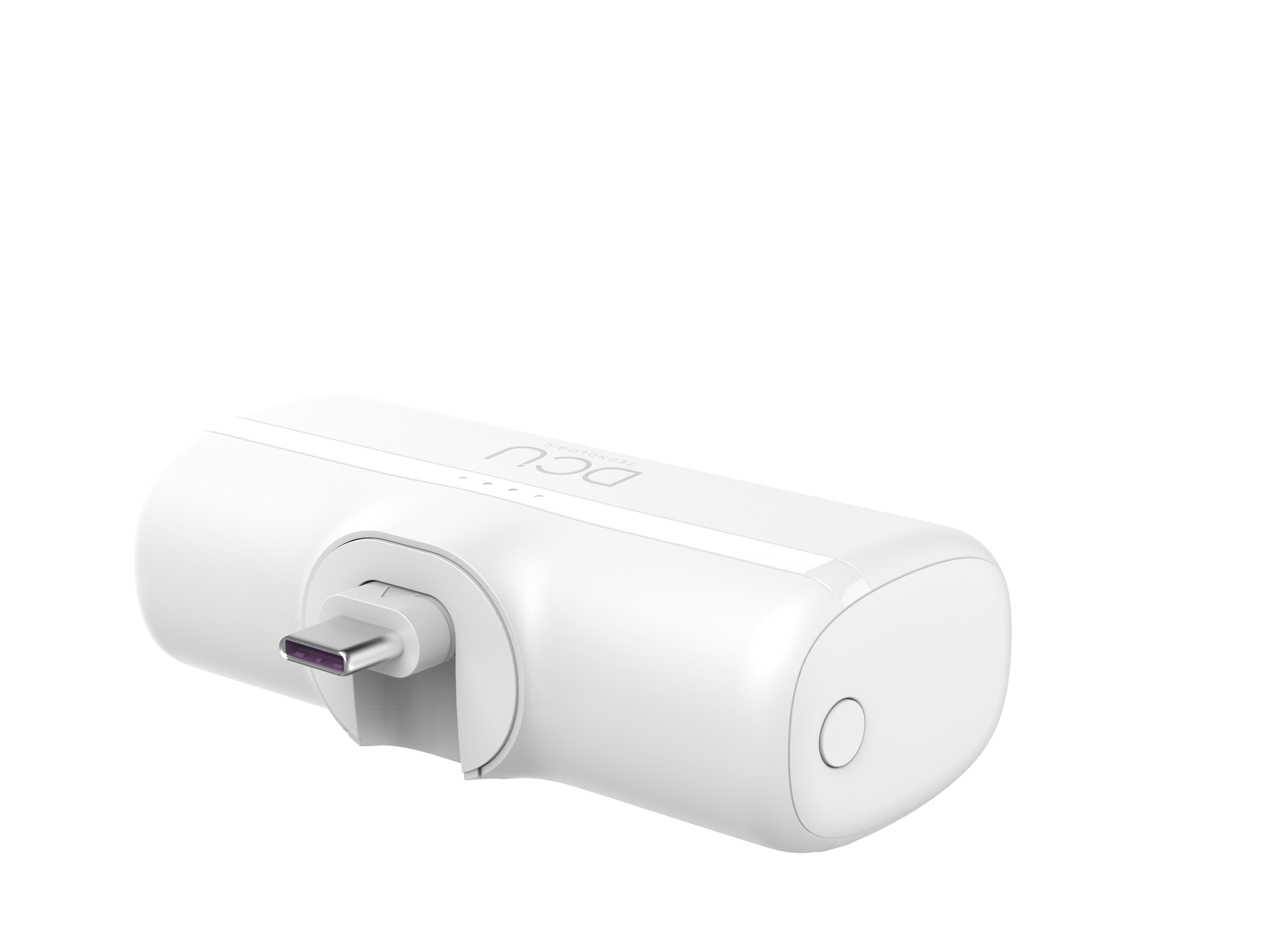 Cargador DCU blanco. Un dispositivo pequeño y blanco con puerto USB-C y botón de encendido.