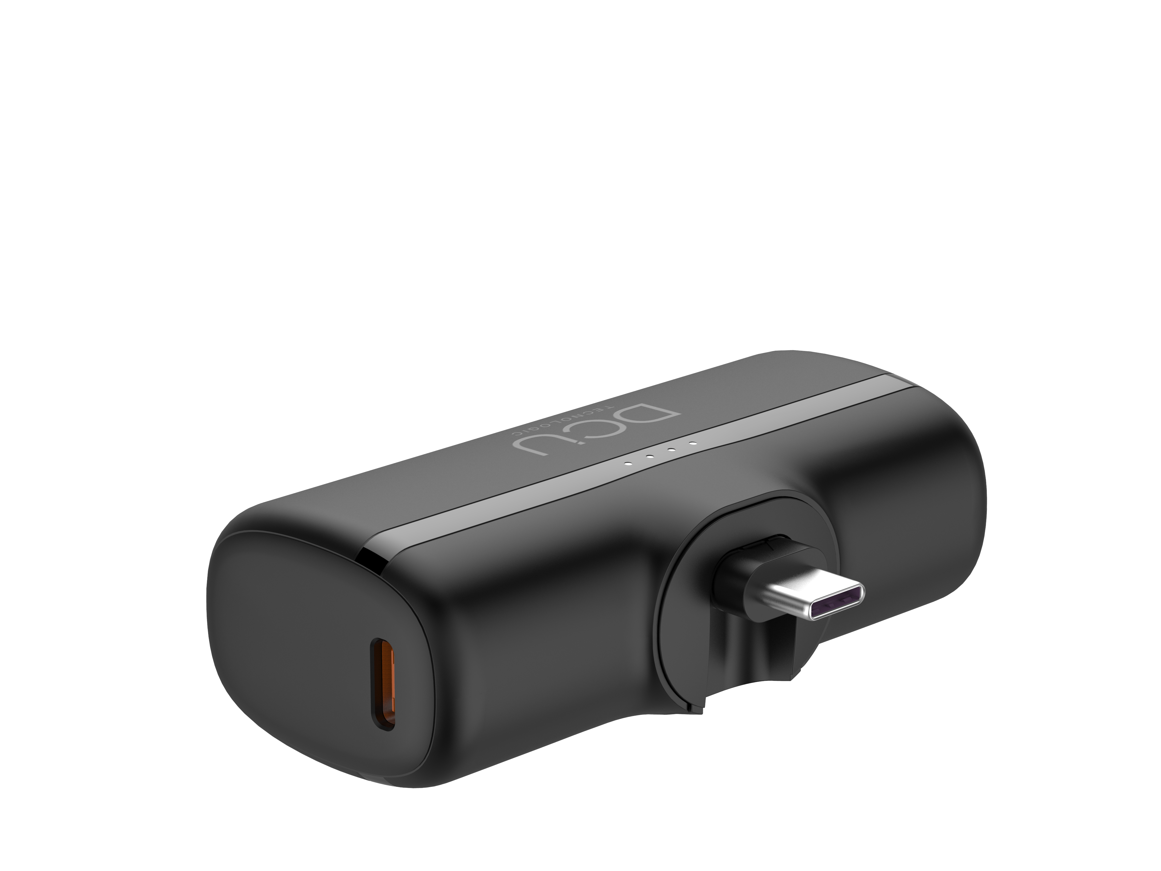 Cargador DCU negro con un puerto de carga y un conector USB-C. La palabra 'dcu' está impresa en la parte superior.