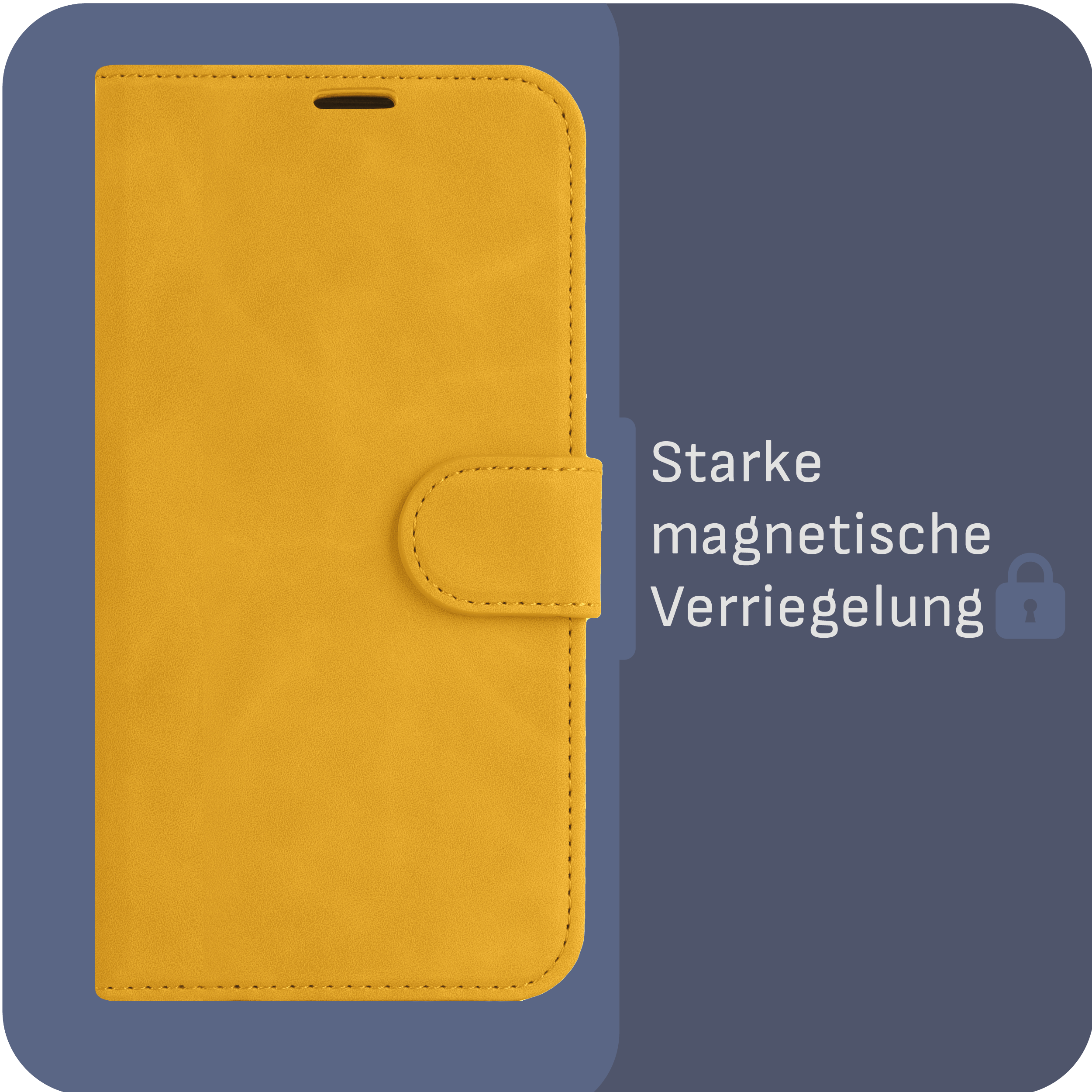 Gelbe Handyhülle. Deutscher Text: Starke magnetische Verriegelung.