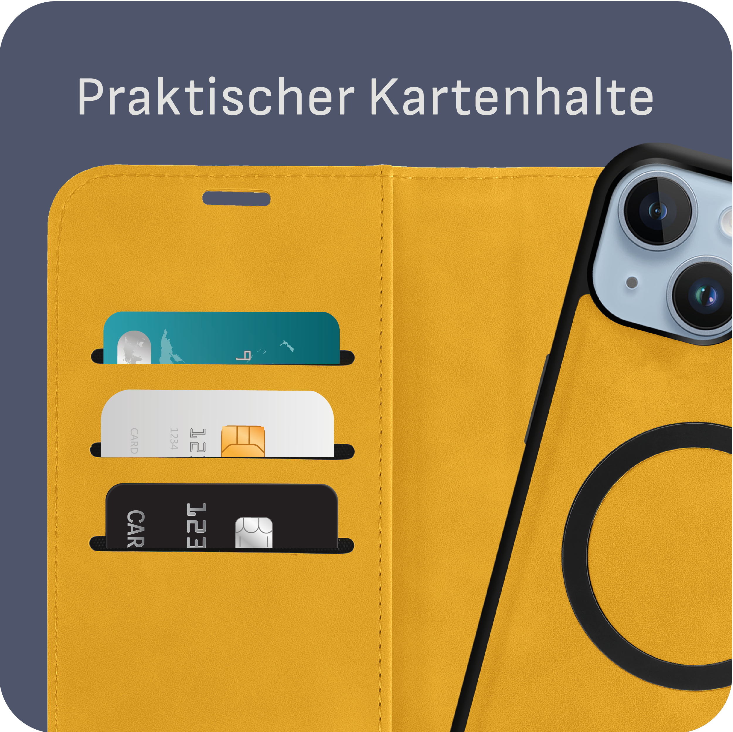 Gelbe Handyhülle mit Kartenfächern. Karten mit Nummern und Text. Schwarzer Hintergrund.