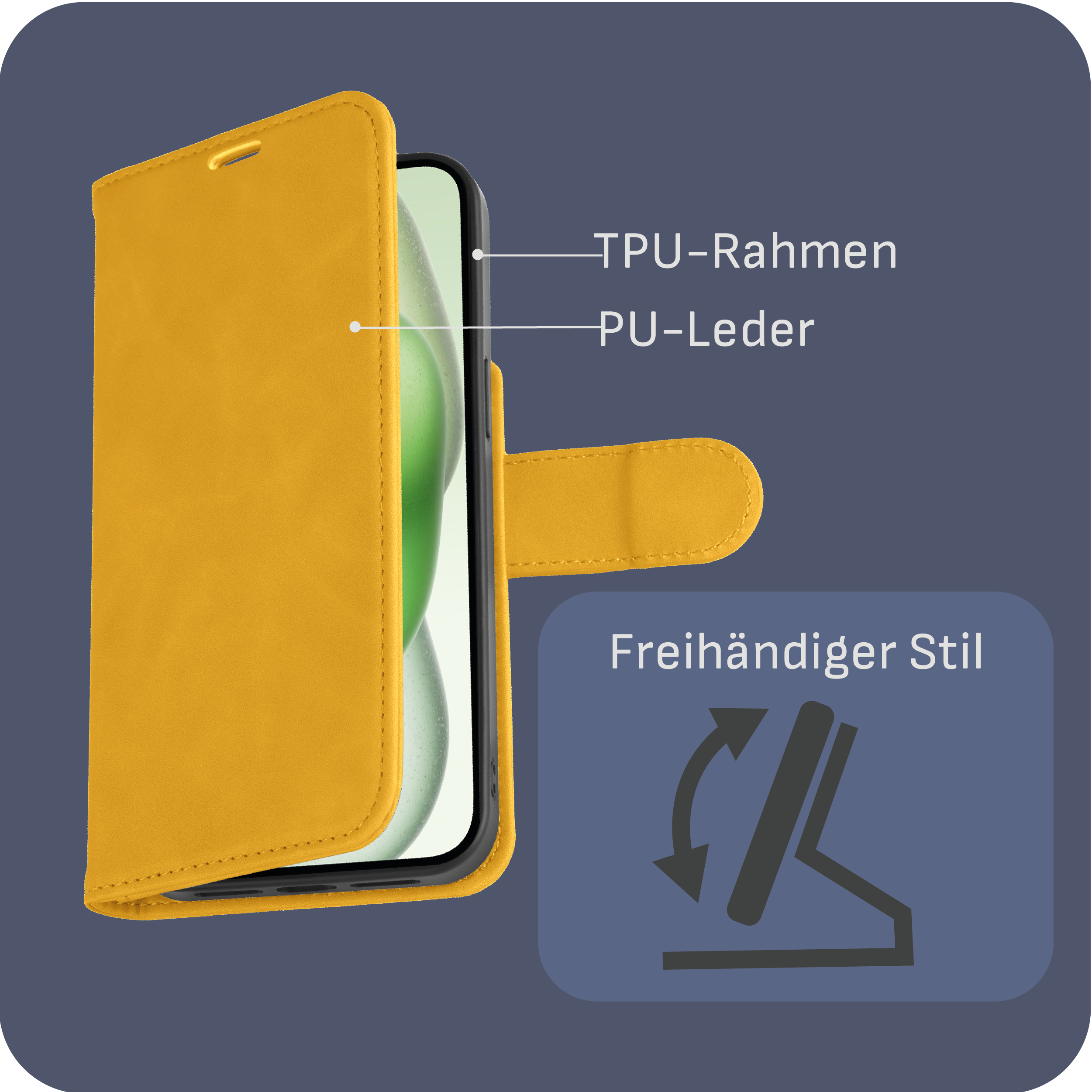 Eine gelbe Handyhülle mit einer faltbaren Ständerfunktion.