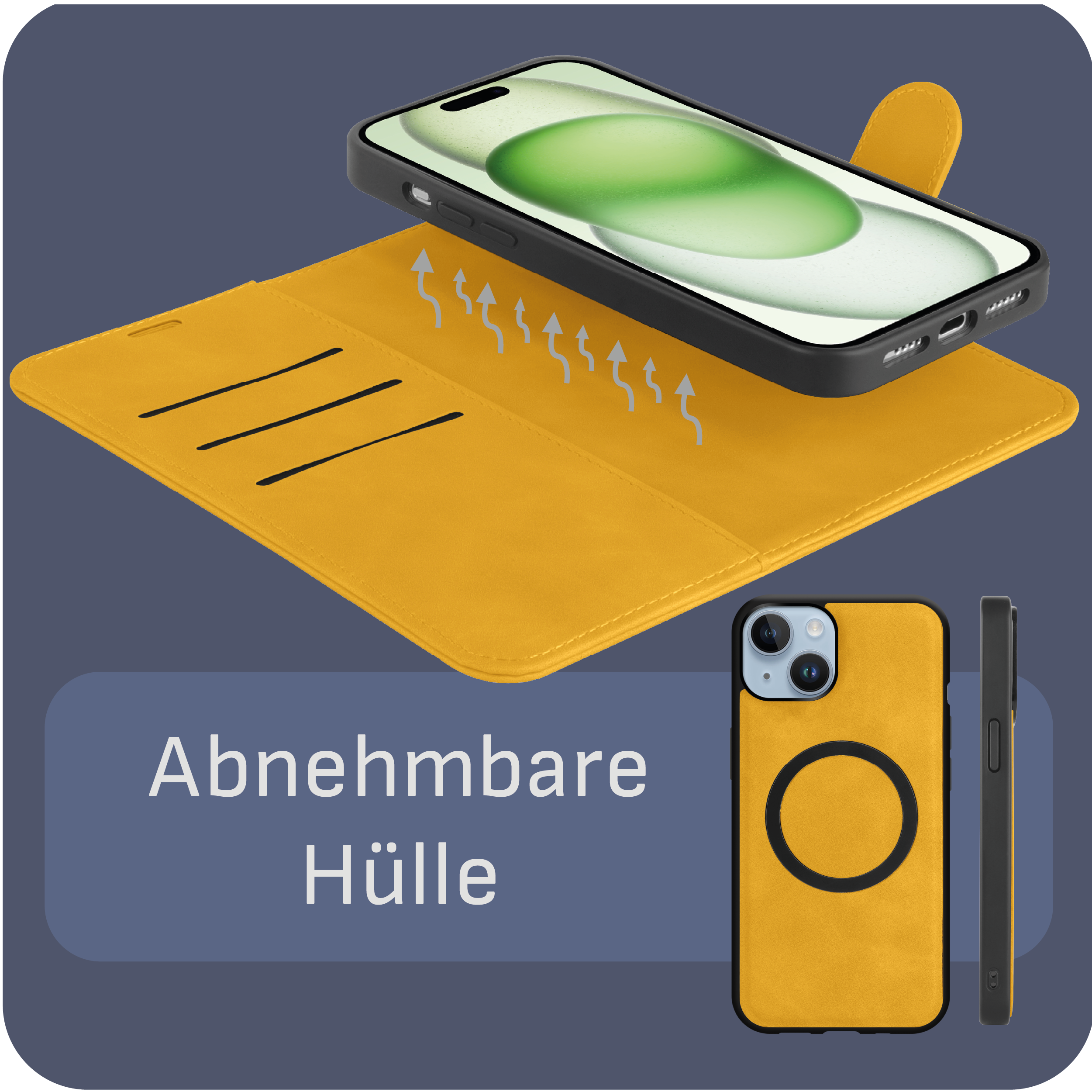 Gelbe Handyhülle mit Telefon. Ein Kreis ist auf dem Fall. Schwarzer Hintergrund.