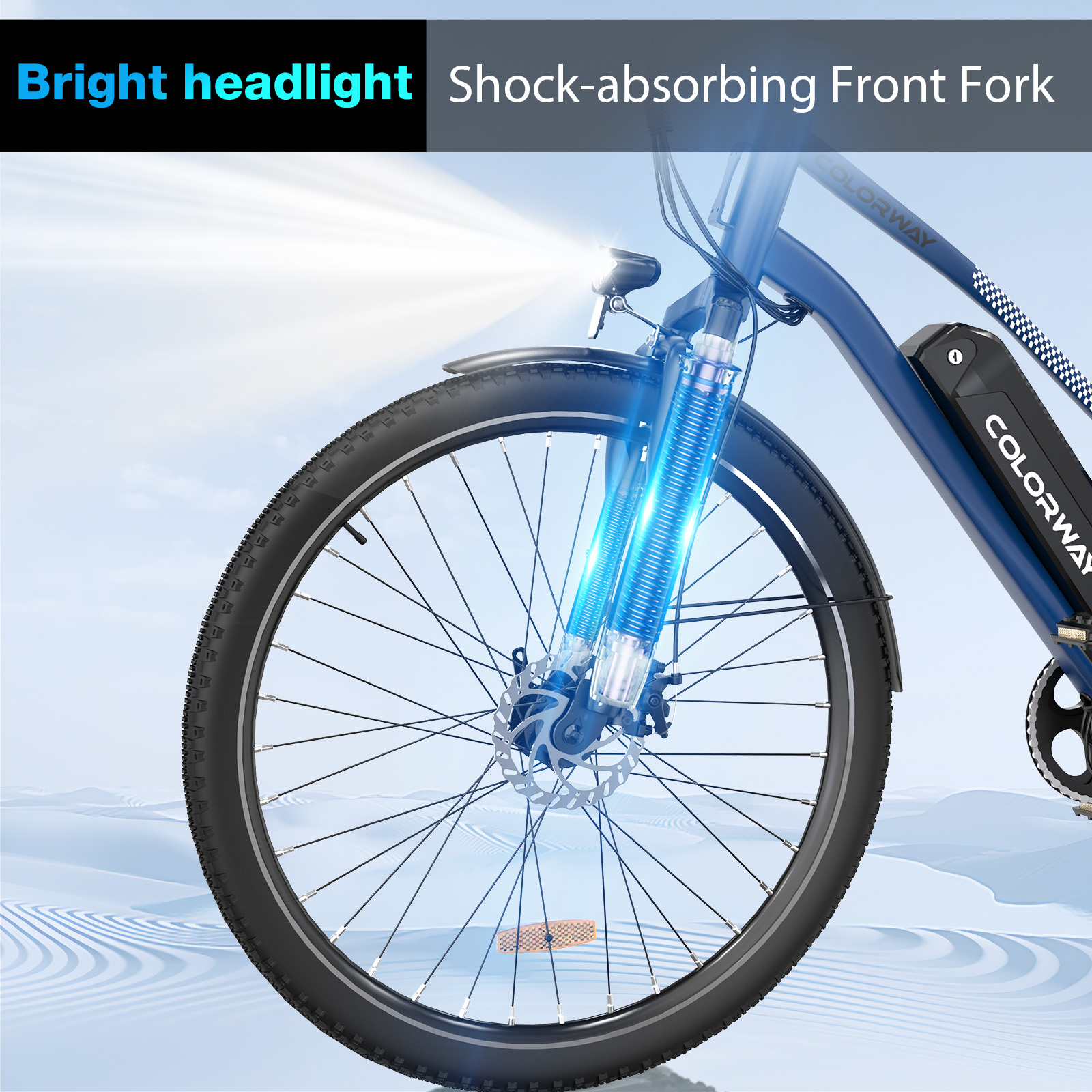 Una rueda de bicicleta y horquilla delantera con un faro brillante y la marca COLORWAY.