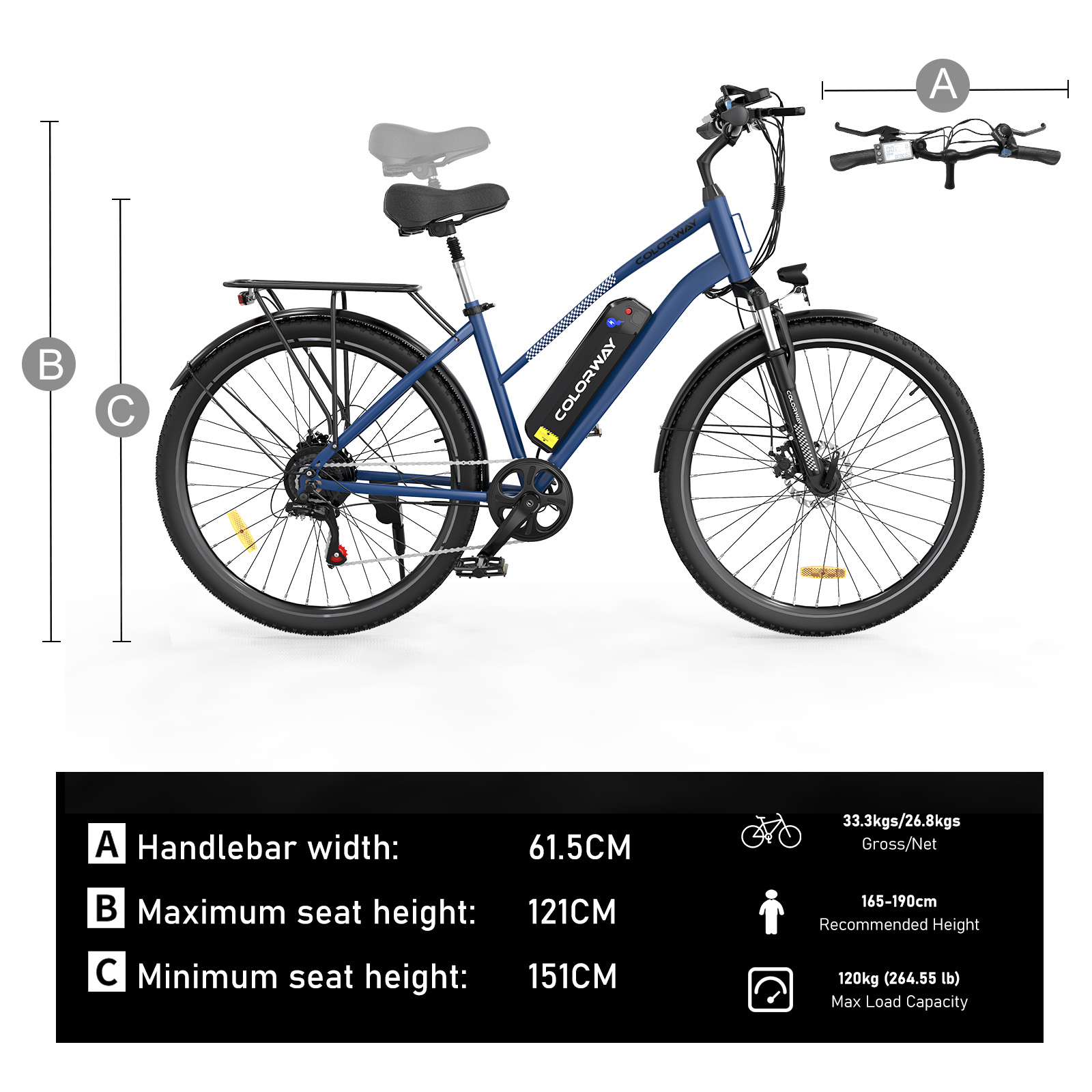 Bicicleta eléctrica azul con tabla de especificaciones. Incluye ancho del manillar, altura del asiento y carga máx.