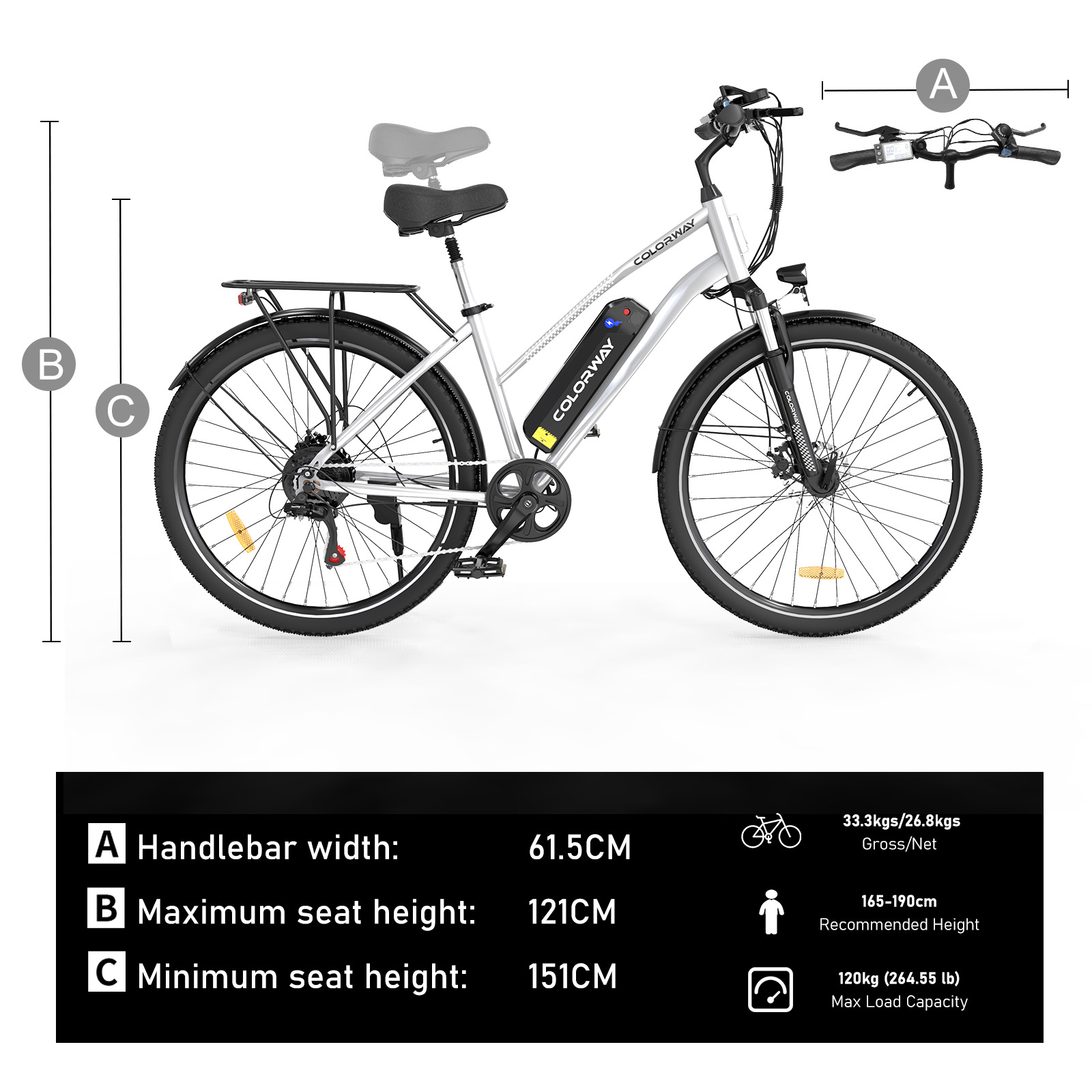 Bicicleta eléctrica plateada con neumáticos negros, portaequipajes negro y detalles del manillar, con datos dimensionales.