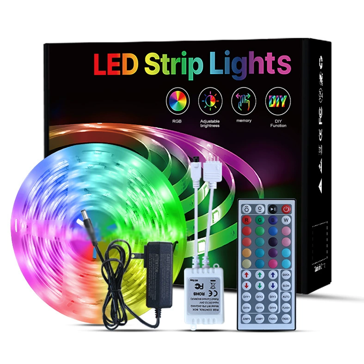 LED-Streifenlichter in einer Box mit Fernbedienung, Netzteil und Steuereinheit.