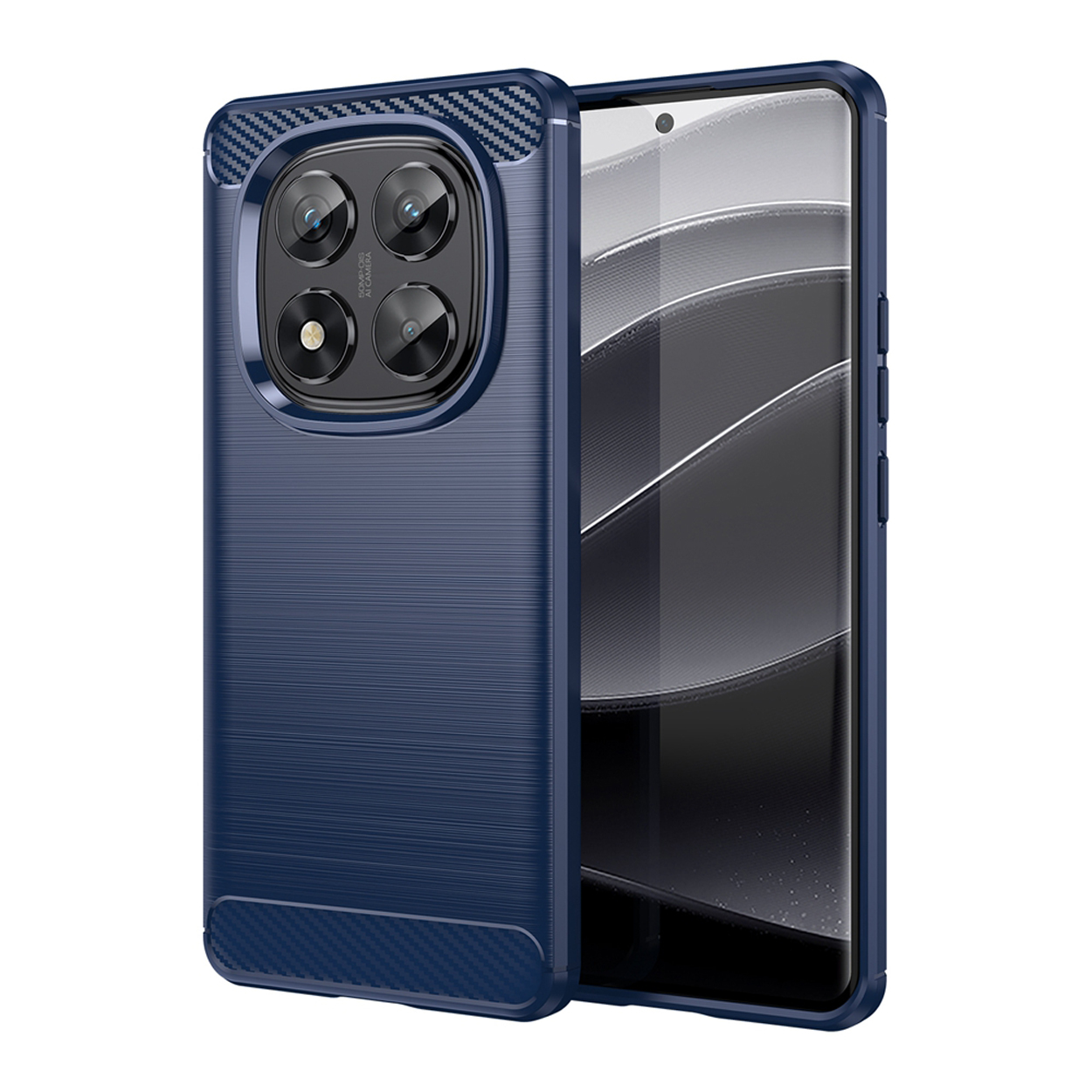 Coque de téléphone bleu foncé avec dos texturé et multiples lentilles de caméra.