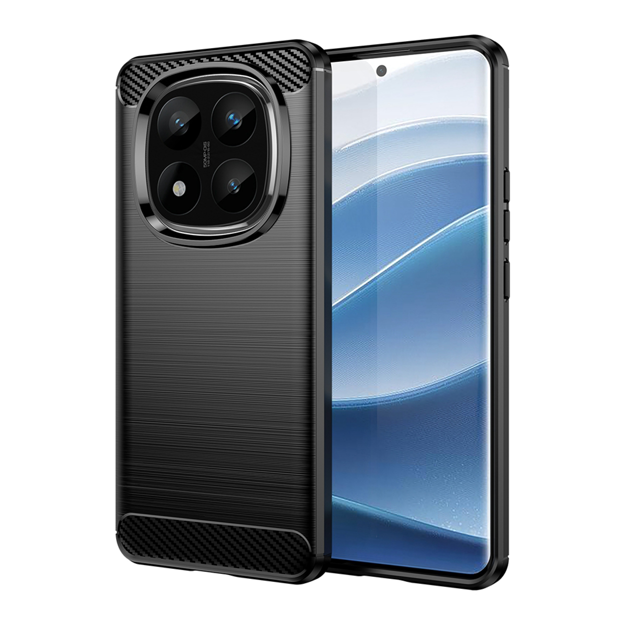 Een zwarte telefoonhoes met een camera-uitsparing, van achteren bekeken.