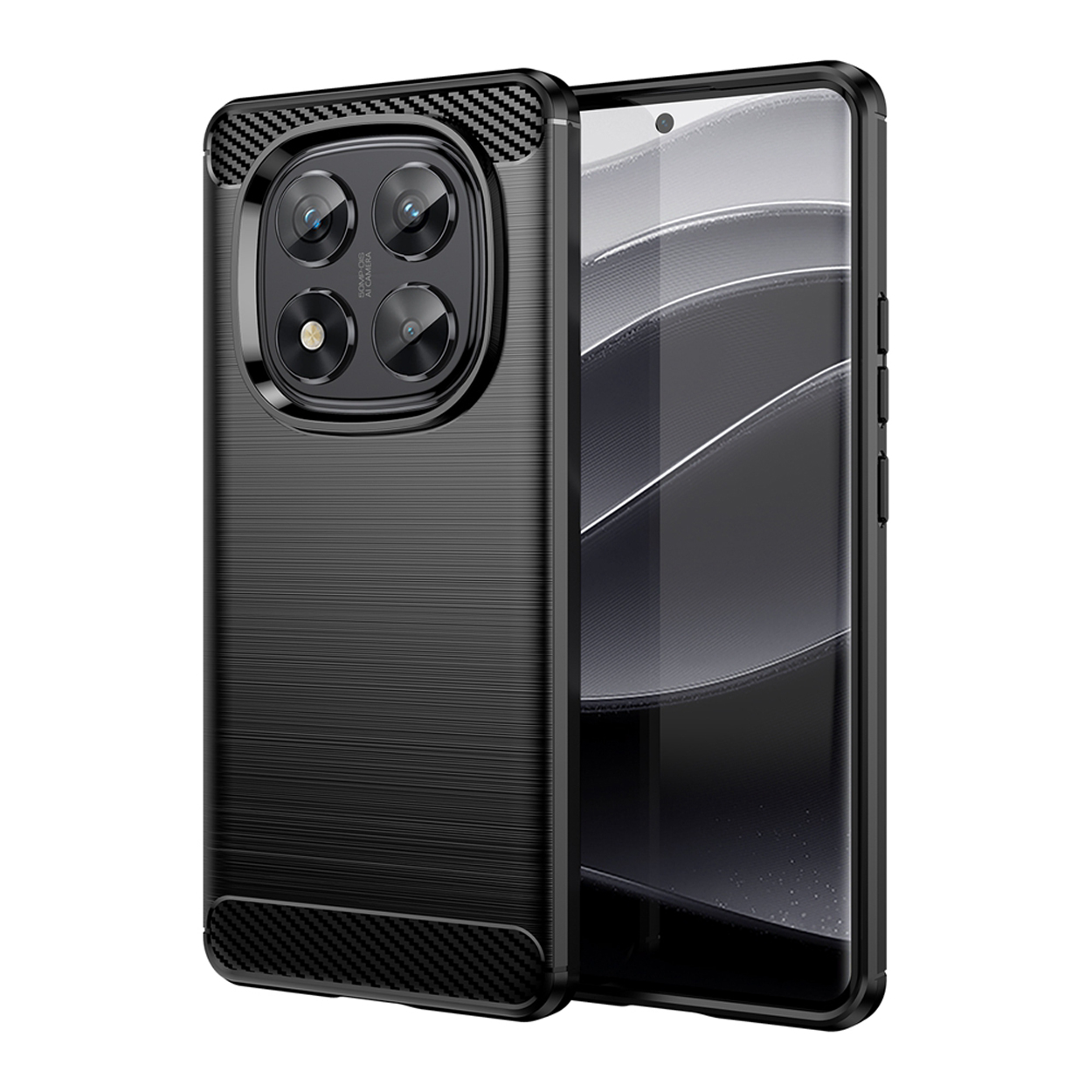 Zwarte telefoonhoes met een textuur carbonvezel ontwerp.