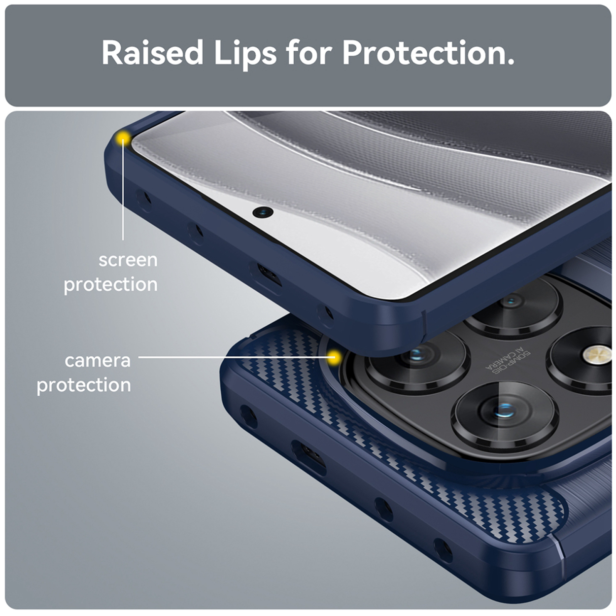 Gros plan d'une coque de téléphone bleu foncé avec détails de protection d'écran et de caméra.