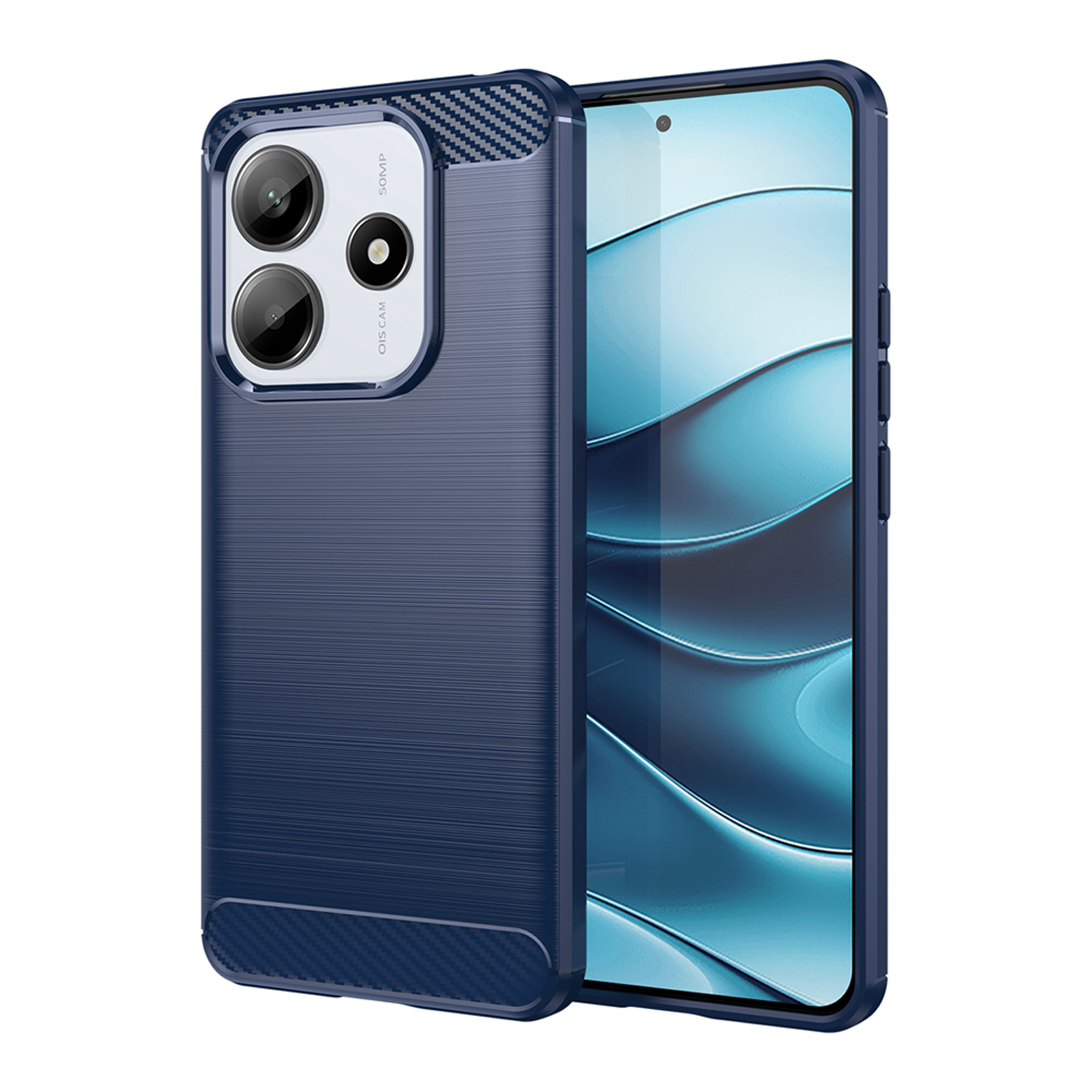 Marineblauwe telefoonhoes met een textuuroppervlak en een koolstofvezeldesign.