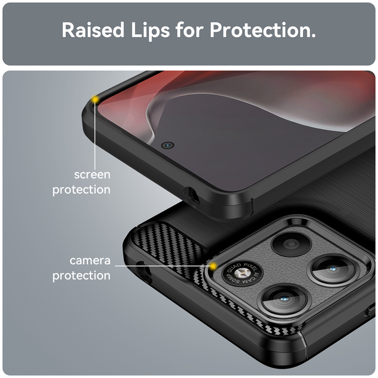 Coque de téléphone noire avec protection de la caméra et de l'écran. Texte : Bords surélevés pour la protection.