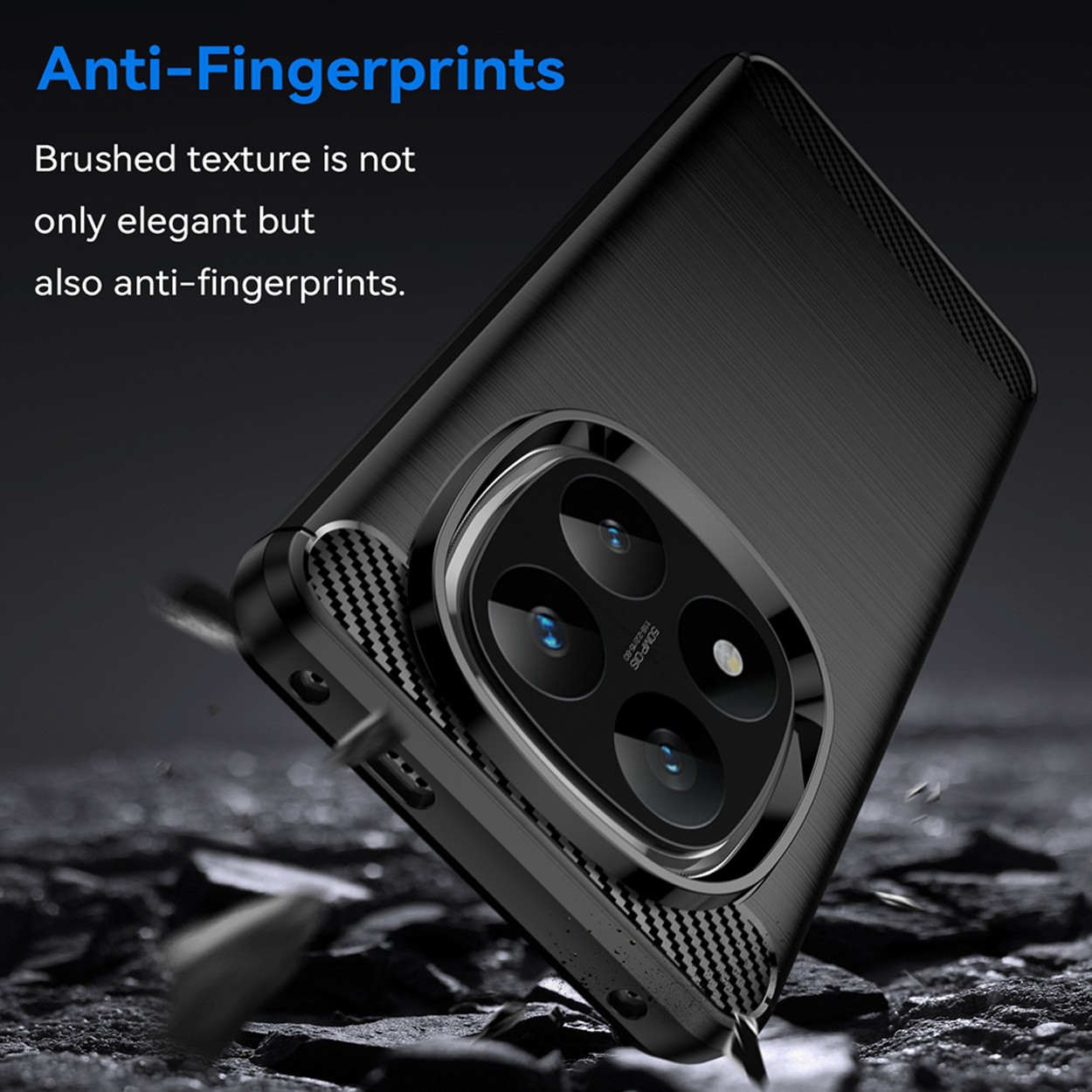 Zwarte telefoonhoes met geborstelde textuur. De tekst 'Anti-Fingerprints' staat bovenaan.