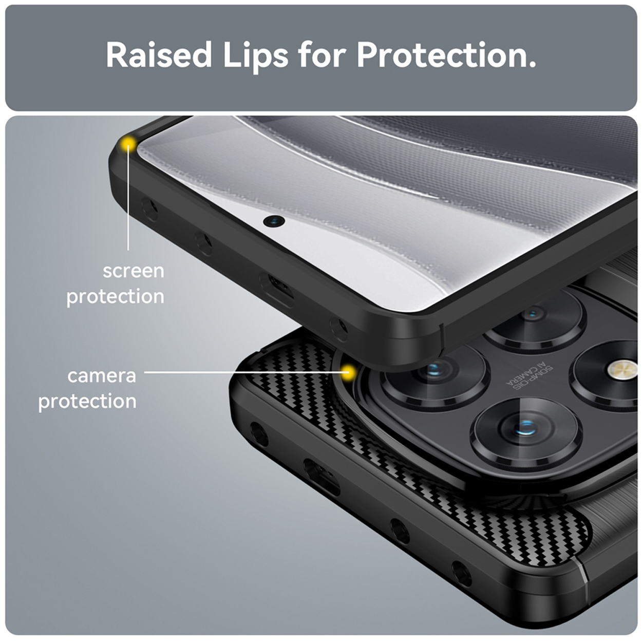 Close-up van telefoonhoes met camera- en schermbeschermingslabels.