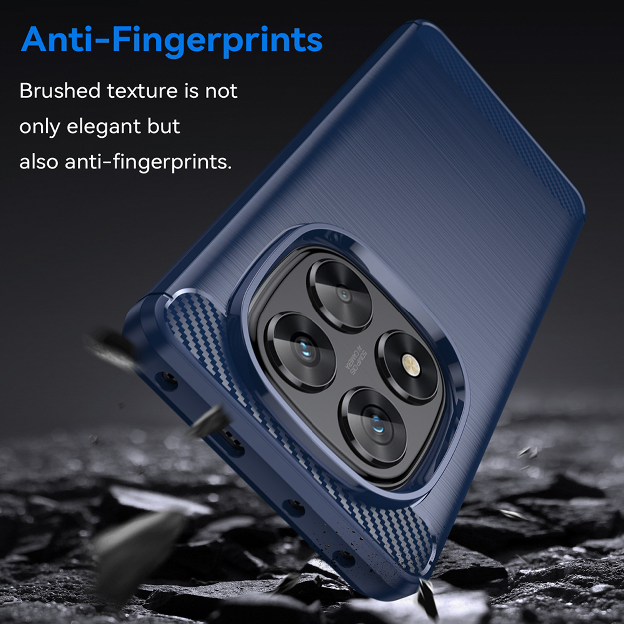 Coque bleue avec texture brossée, design anti-traces de doigts.