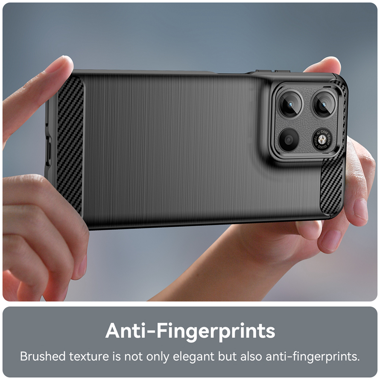 Coque de téléphone noire avec une texture brossée. La coque protège le téléphone et est anti-traces.