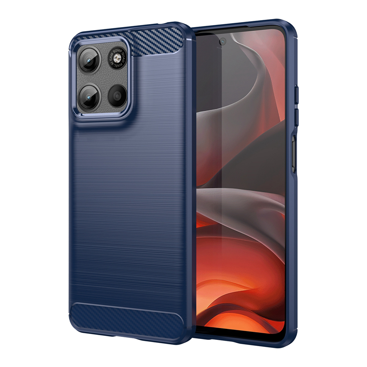 Coque de téléphone bleue sur un téléphone. La coque a un design texturé et une caméra.