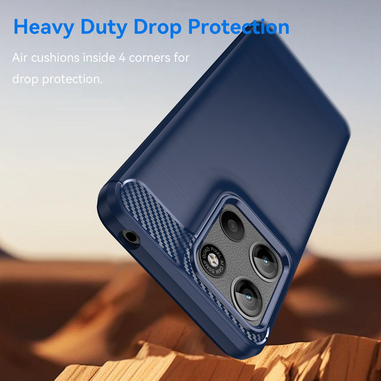 Coque de téléphone bleu foncé avec coussins d'air. Texte 'Heavy Duty Drop Protection' visible.