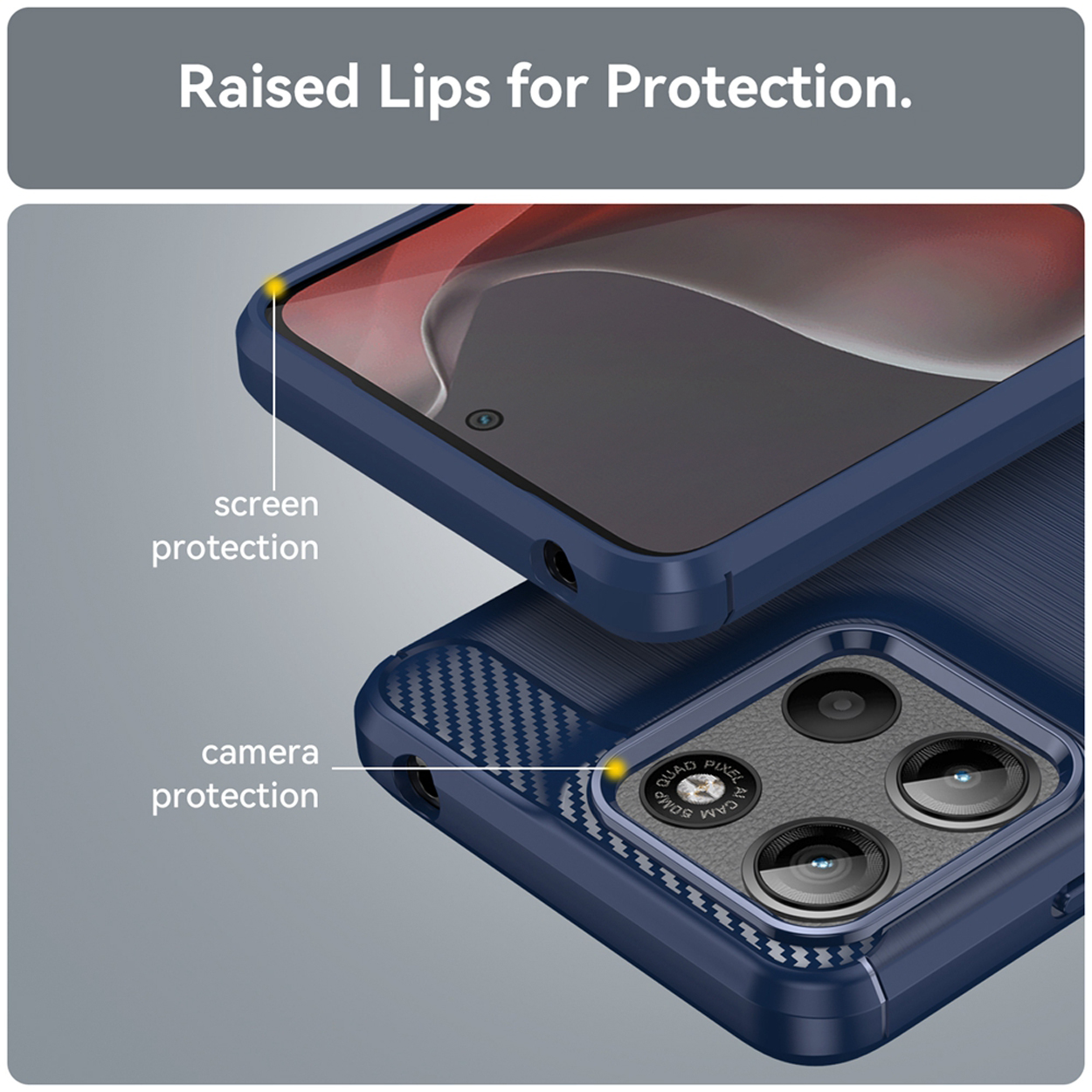 Gros plan sur une coque de téléphone. Montre les bords surélevés pour la protection de l'écran et de la caméra. Blanc.