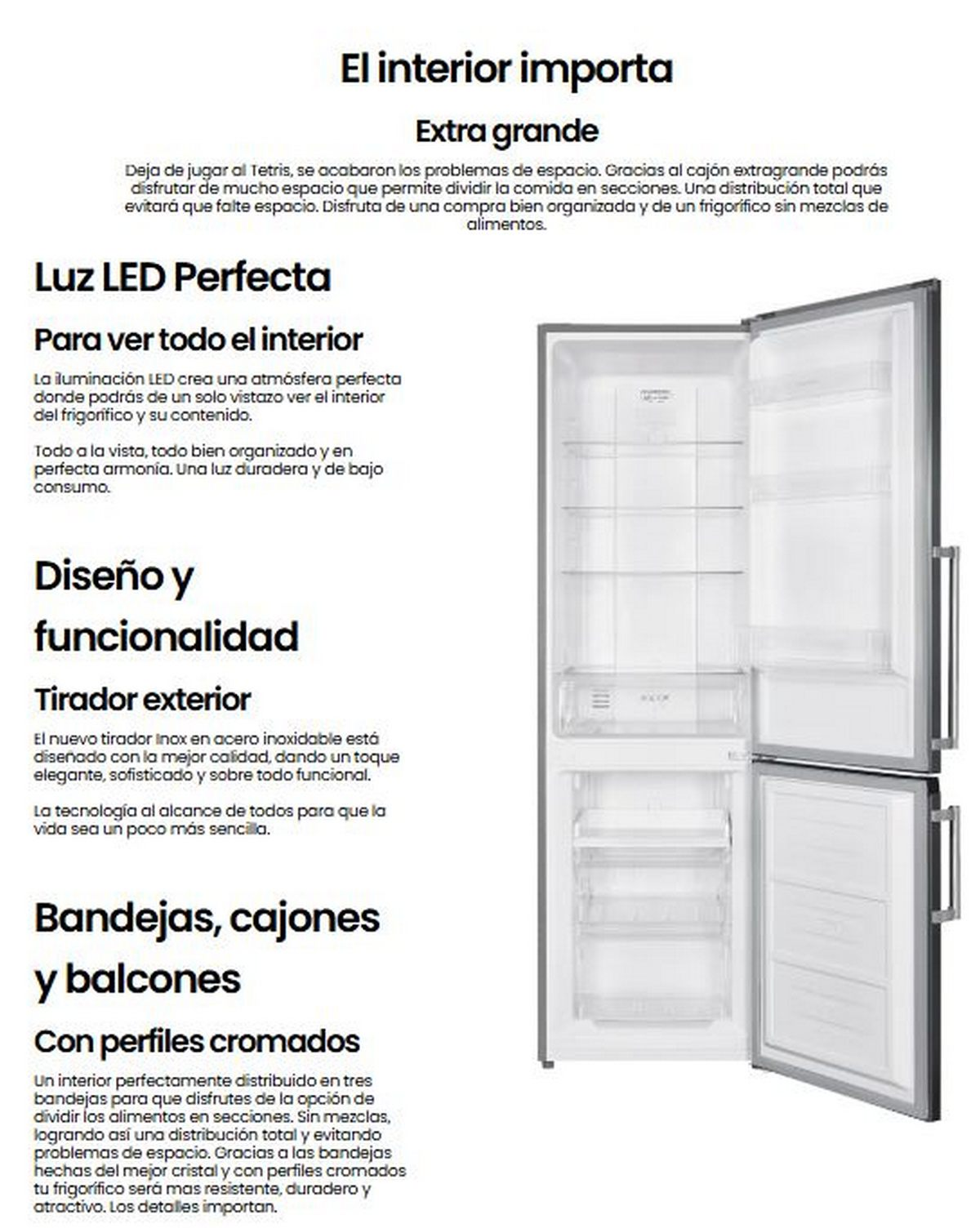 Refrigerador abierto, interior con estantes y cajones, con texto y descripciones en español.