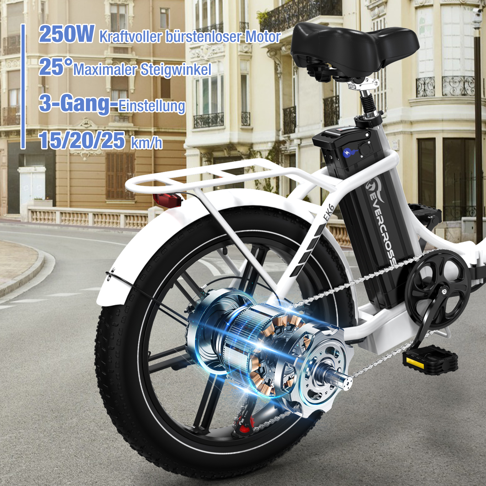 Ein weißes und schwarzes Elektrofahrrad mit Text, der den Motor und die Eigenschaften beschreibt.