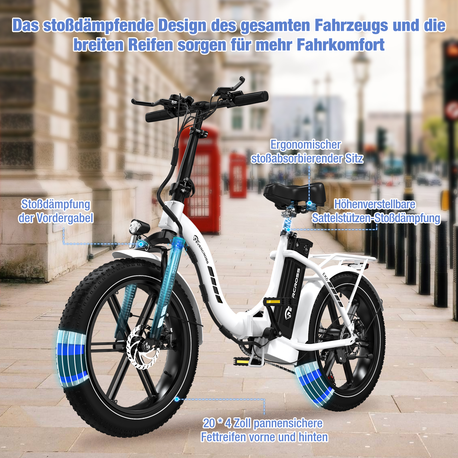 Weißes Elektrofahrrad mit schwarzen Reifen auf einer verschwommenen Stadtstraße. Text zeigt Eigenschaften.