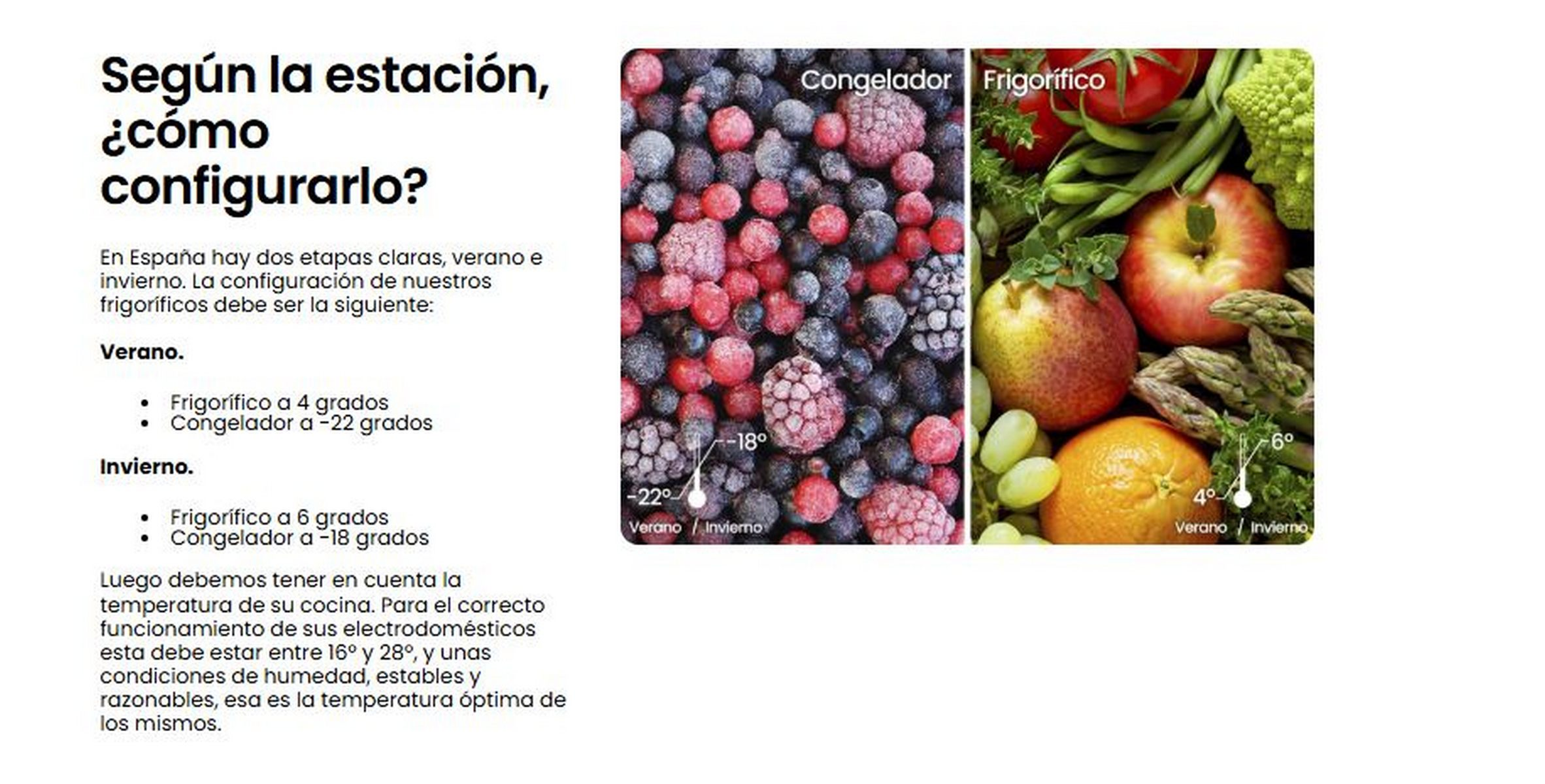 Imagen compara ajustes de nevera verano e invierno. Bayas congeladas a la izquierda, productos frescos a la derecha.