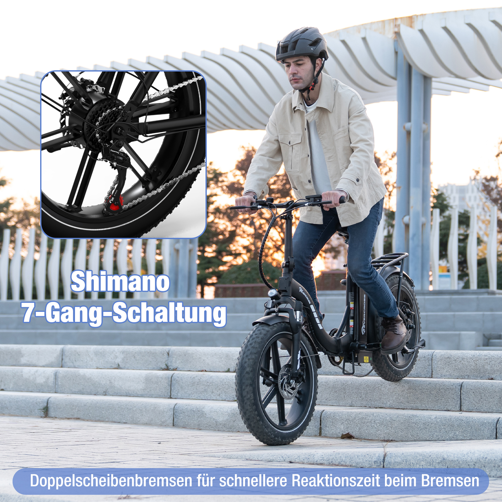 Ein Mann fährt mit einem E-Bike Treppen hinunter, mit Shimano-Gangschaltung und Scheibenbremsen.