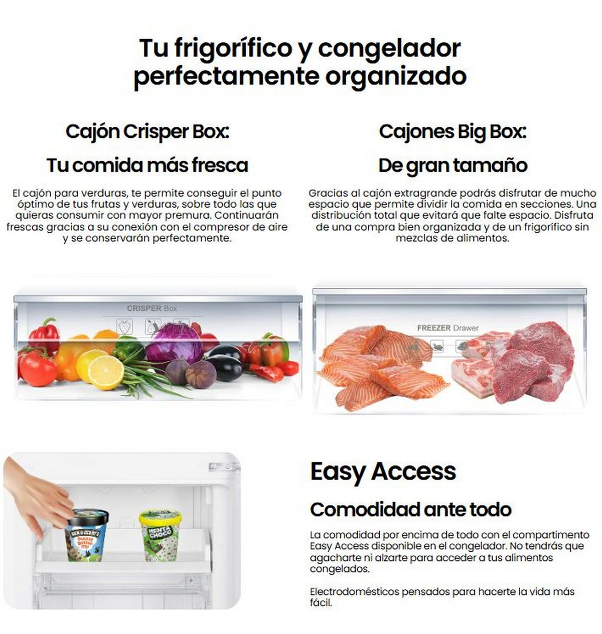 Un frigorífico con cajones para verduras y cajones grandes. La imagen muestra alimentos.