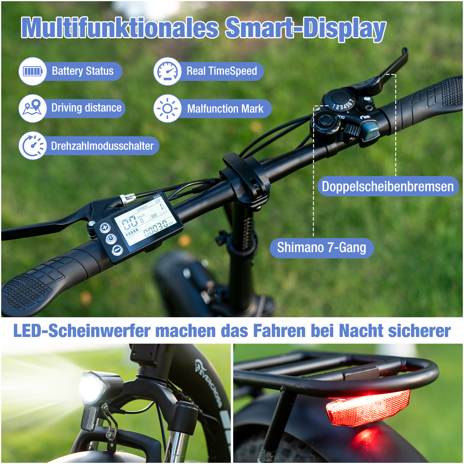 Nahaufnahme des Lenkers eines Fahrrads mit Smart-Display und Bedienelementen. Text auf Deutsch.