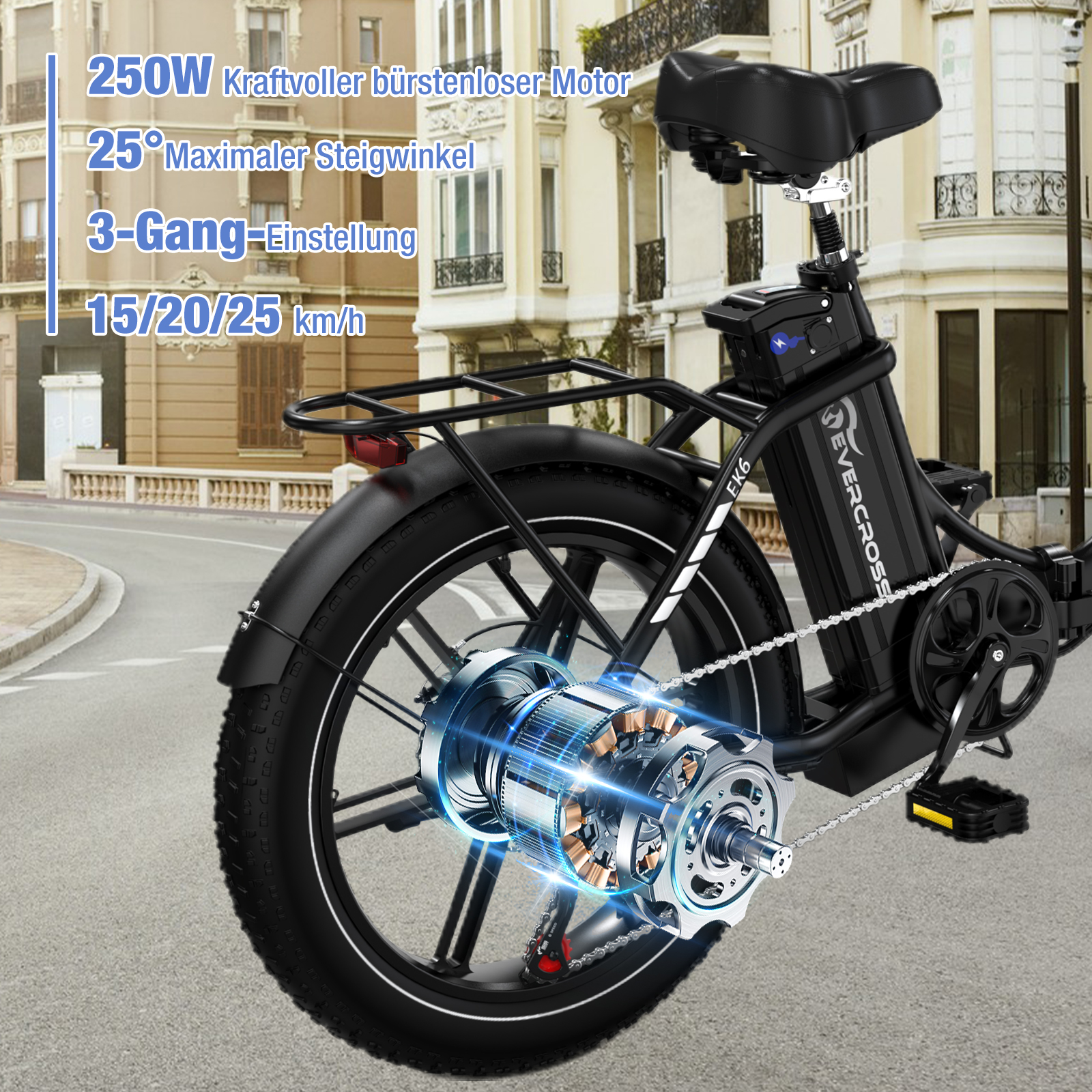 Schwarzes Elektrofahrrad auf einer Stadtstraße mit Details.