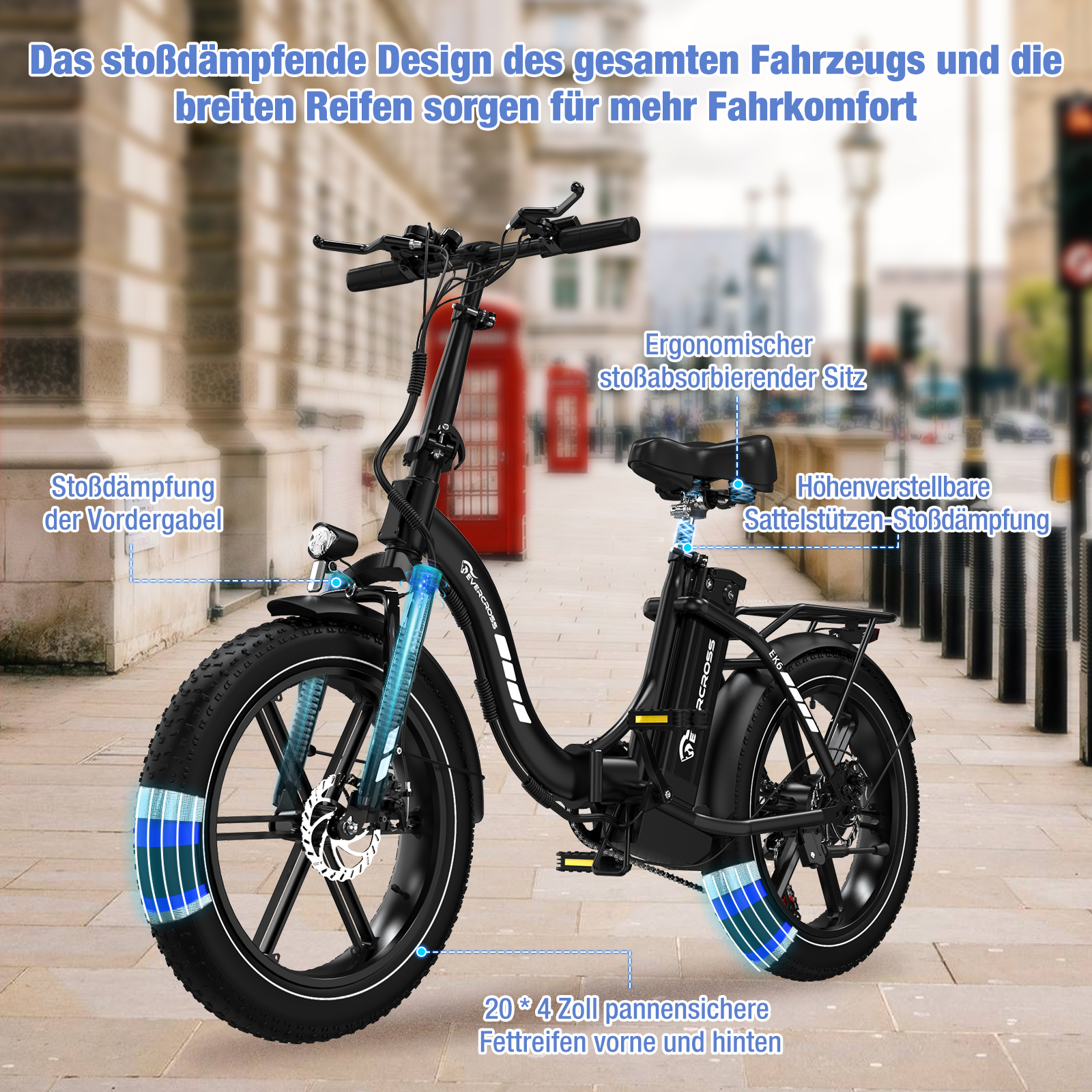 Schwarzes Elektrofahrrad mit blauen Stoßdämpfern und fetten Reifen, Textbeschriftungen heben die Merkmale hervor, vor Stadtkulisse.