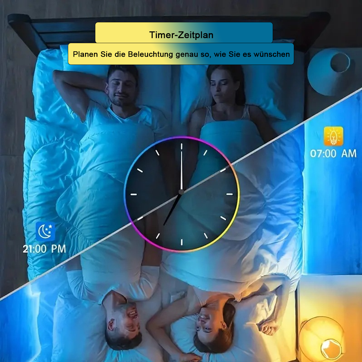 Ein geteiltes Bild eines Paares im Bett, mit einer Uhr, die verschiedene Zeiten anzeigt, Tag und Nacht.
