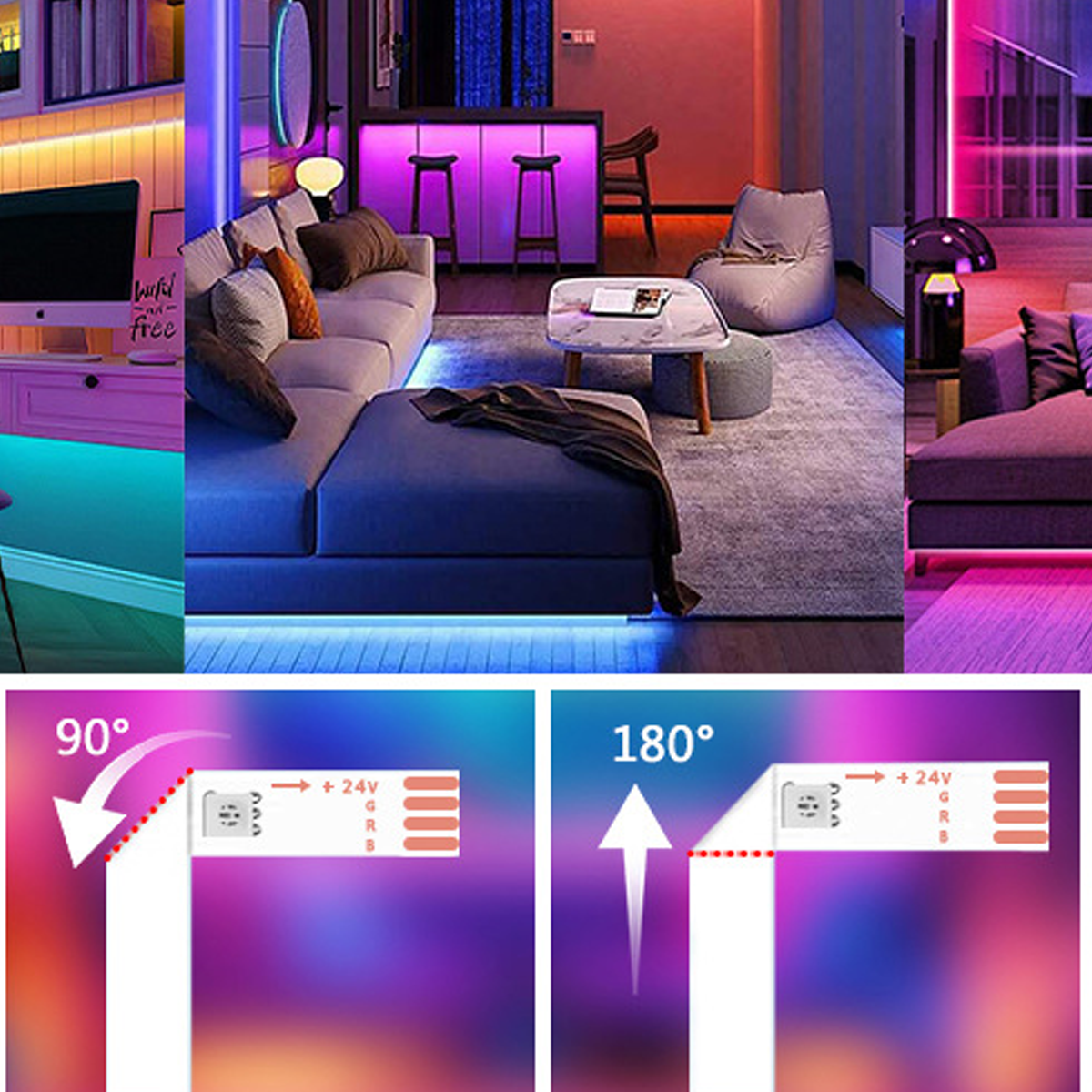 Diagramm, das flexible LED-Streifenbeleuchtung mit 90- und 180-Grad-Biegungen in einem modernen Zuhause zeigt.