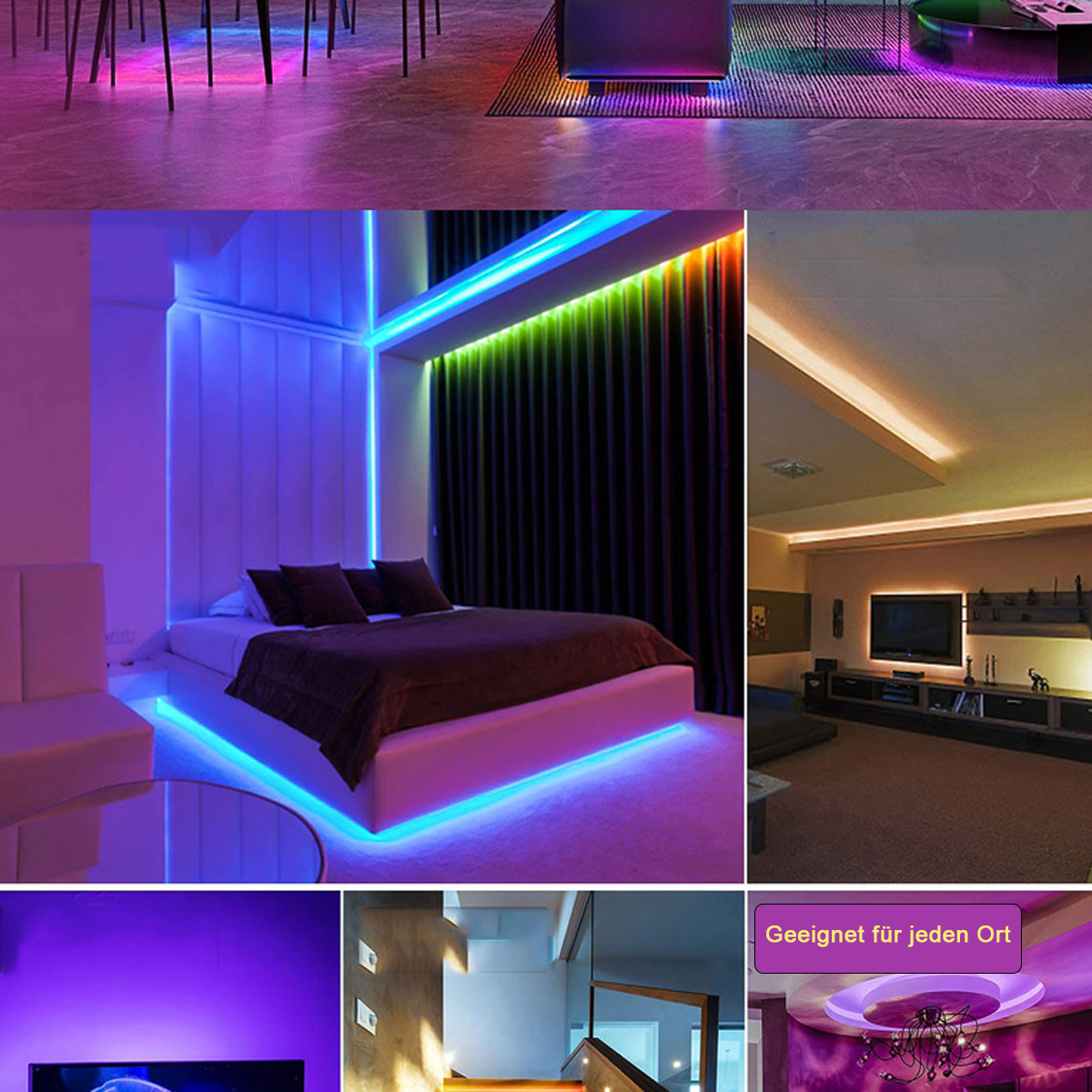 Eine Collage von Räumen mit verschiedenen LED-Licht-Setups. Ein Bett, eine Decke und andere Räume in verschiedenen Farben beleuchtet.
