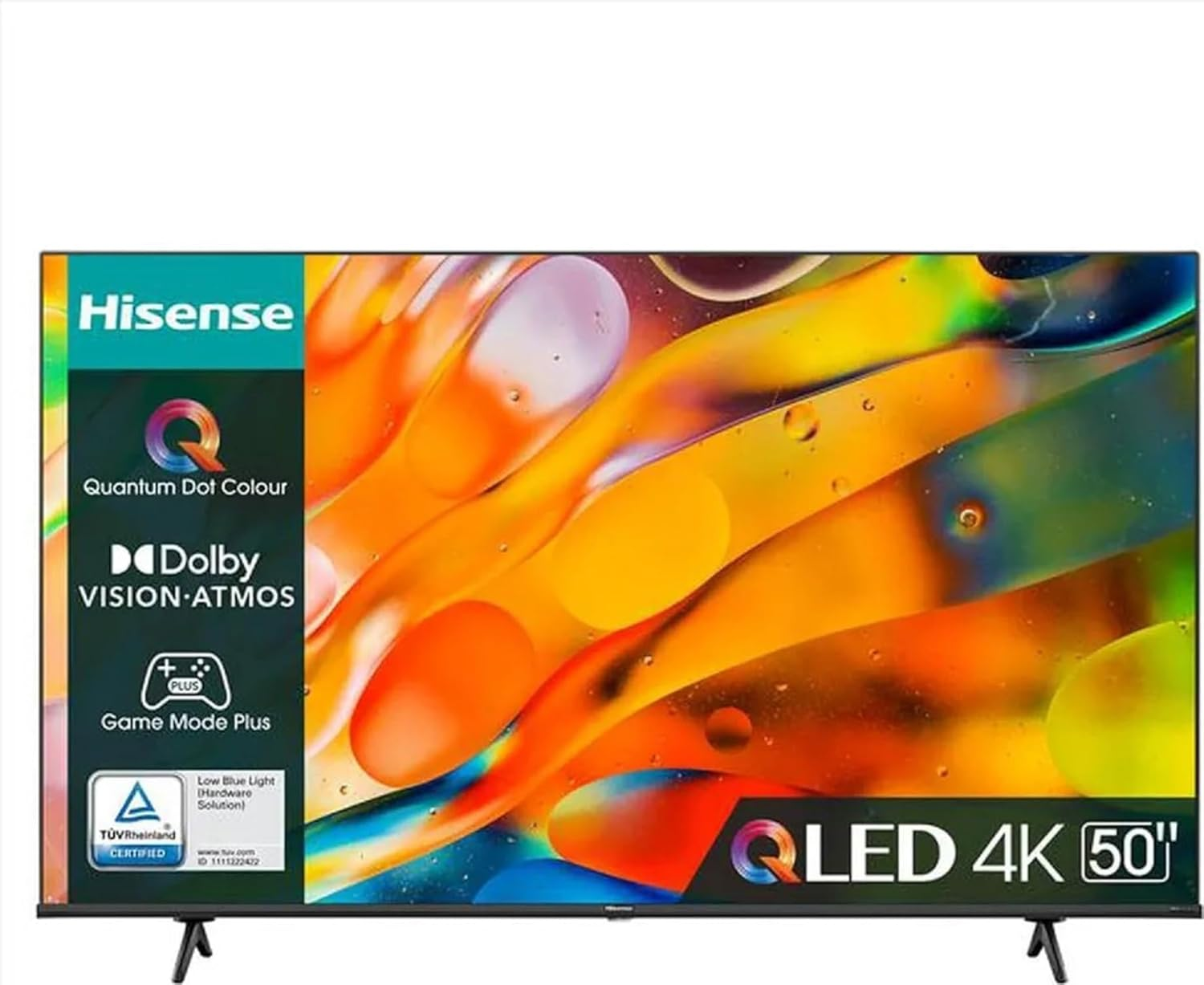 TV Hisense QLED 4K da 50 pollici. Sfondo astratto colorato. Dolby Vision e Game Mode Plus.