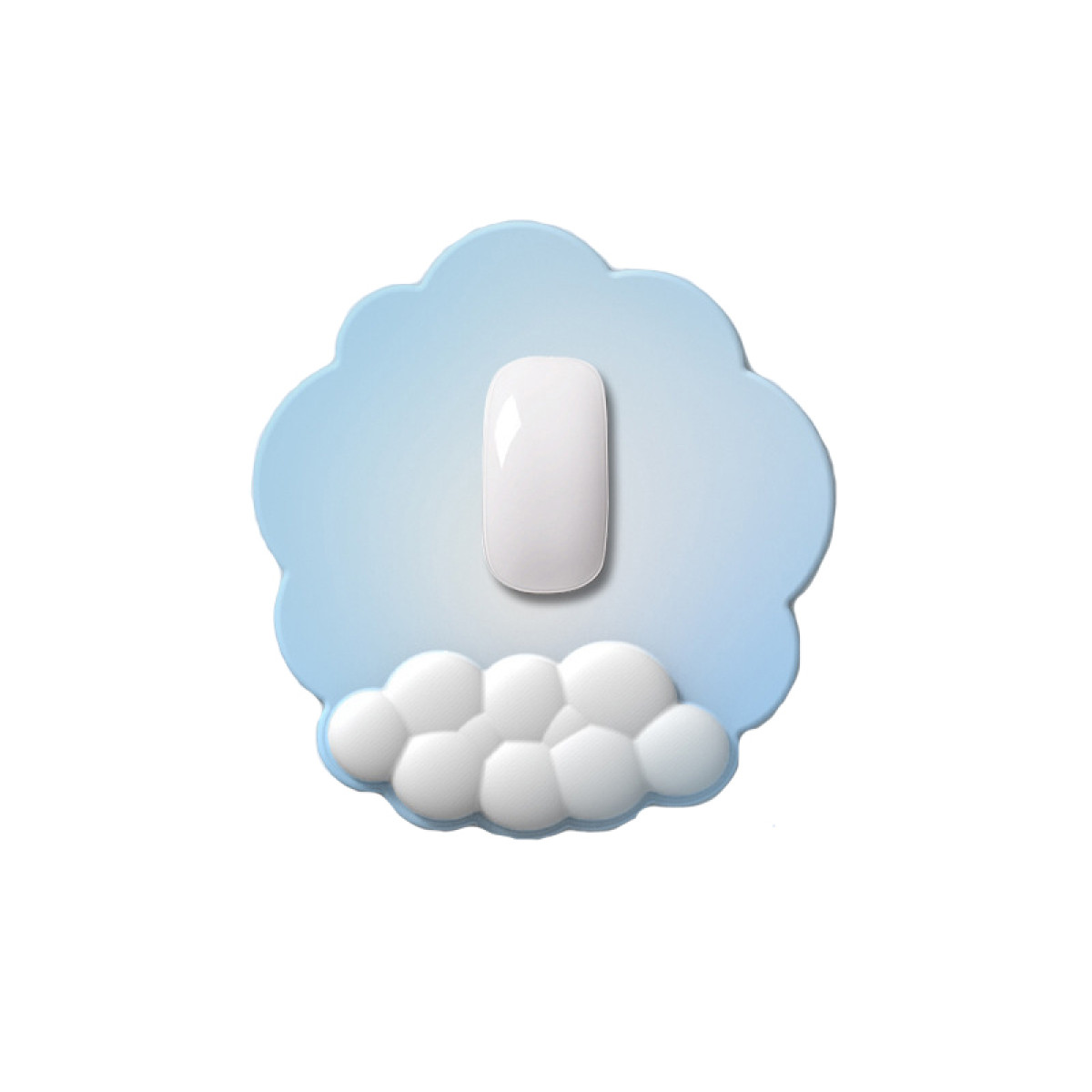 Een witte muis op een wolkvormige basis, met een lichtblauwe achtergrond.