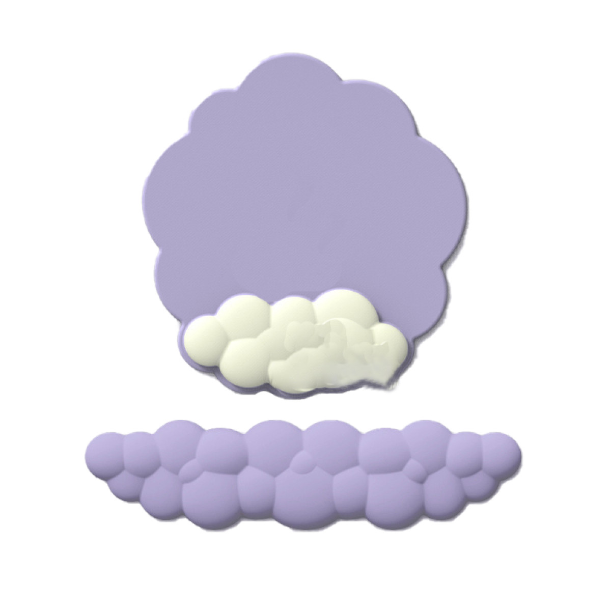 Twee wolk-vormige decoraties, een met een paarse bovenkant en een witte wolk eronder.