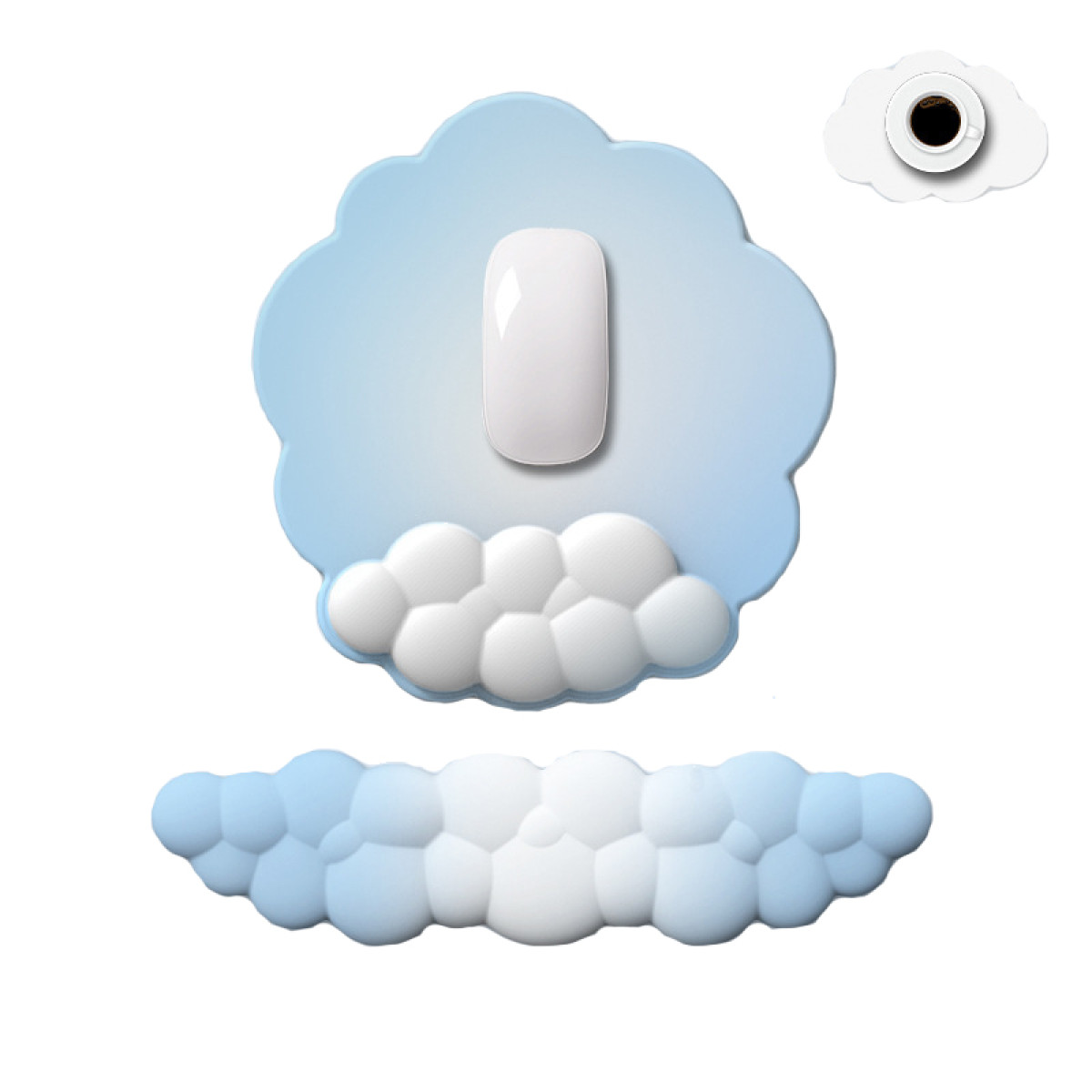 Wolkvormige muismat met een witte muis en een koffiekopje-icoon.