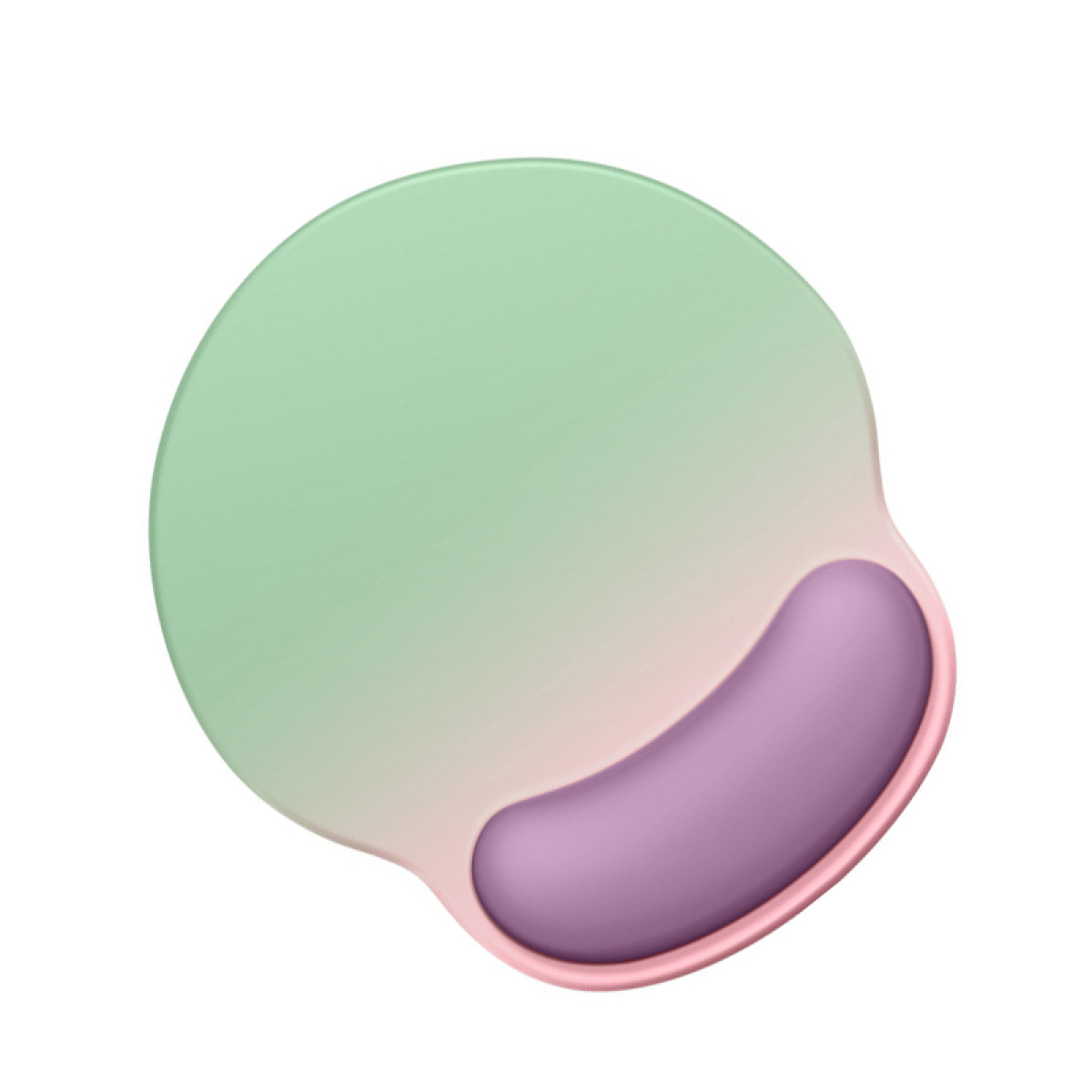 Een ronde, groen en roze muismat met een polssteun. Het is geplaatst op een wit oppervlak.
