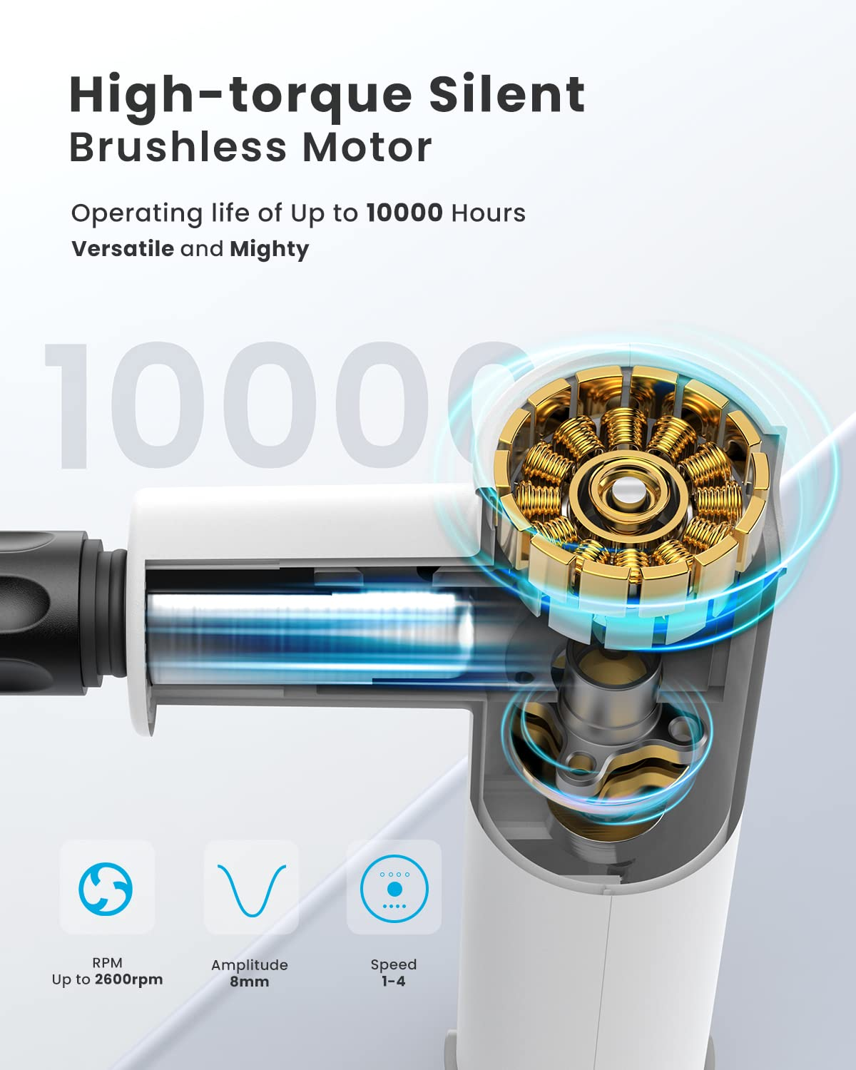 Nahaufnahme eines Motors mit dem Text 'High-torque Silent Brushless Motor'.
