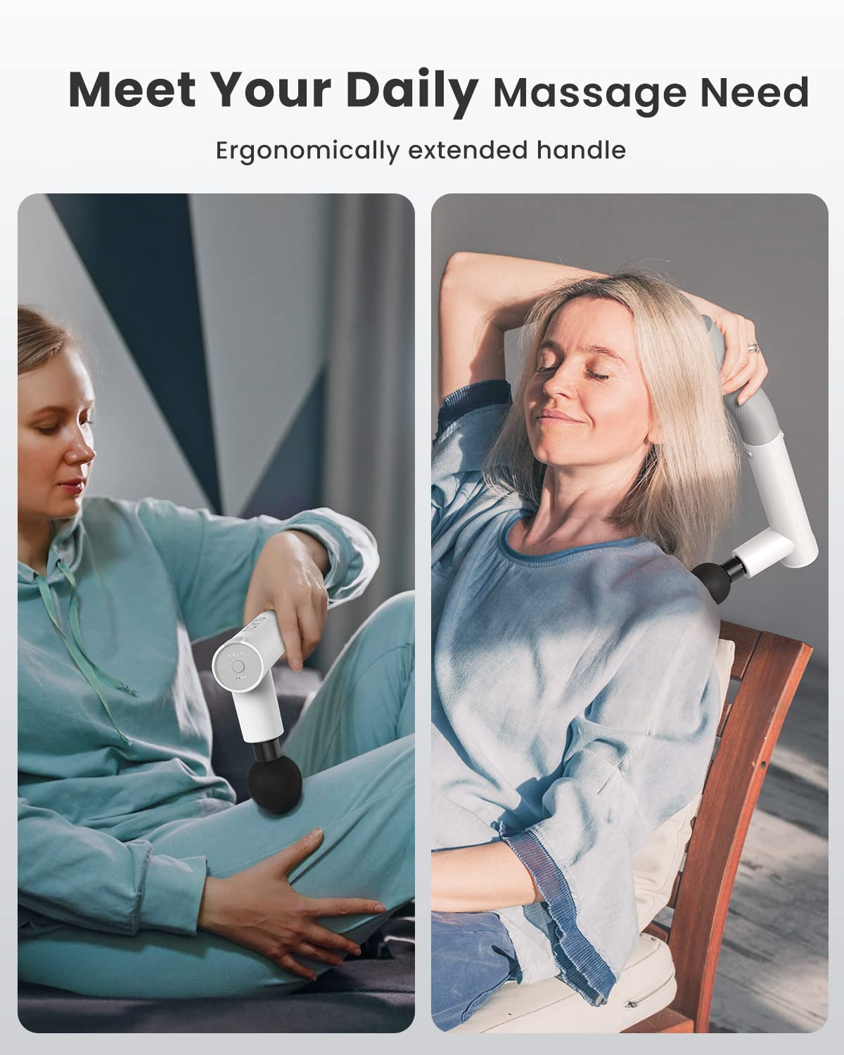 Zwei Frauen, die Massagepistolen benutzen, eine an ihrem Hals, die andere an ihrem Bein. Beide entspannt.