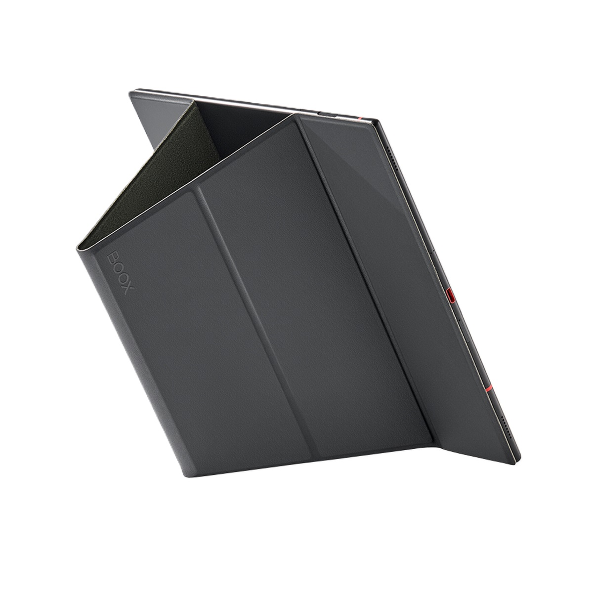 Una funda de tableta negra plegada con la marca 'BOOX' visible en el lateral.