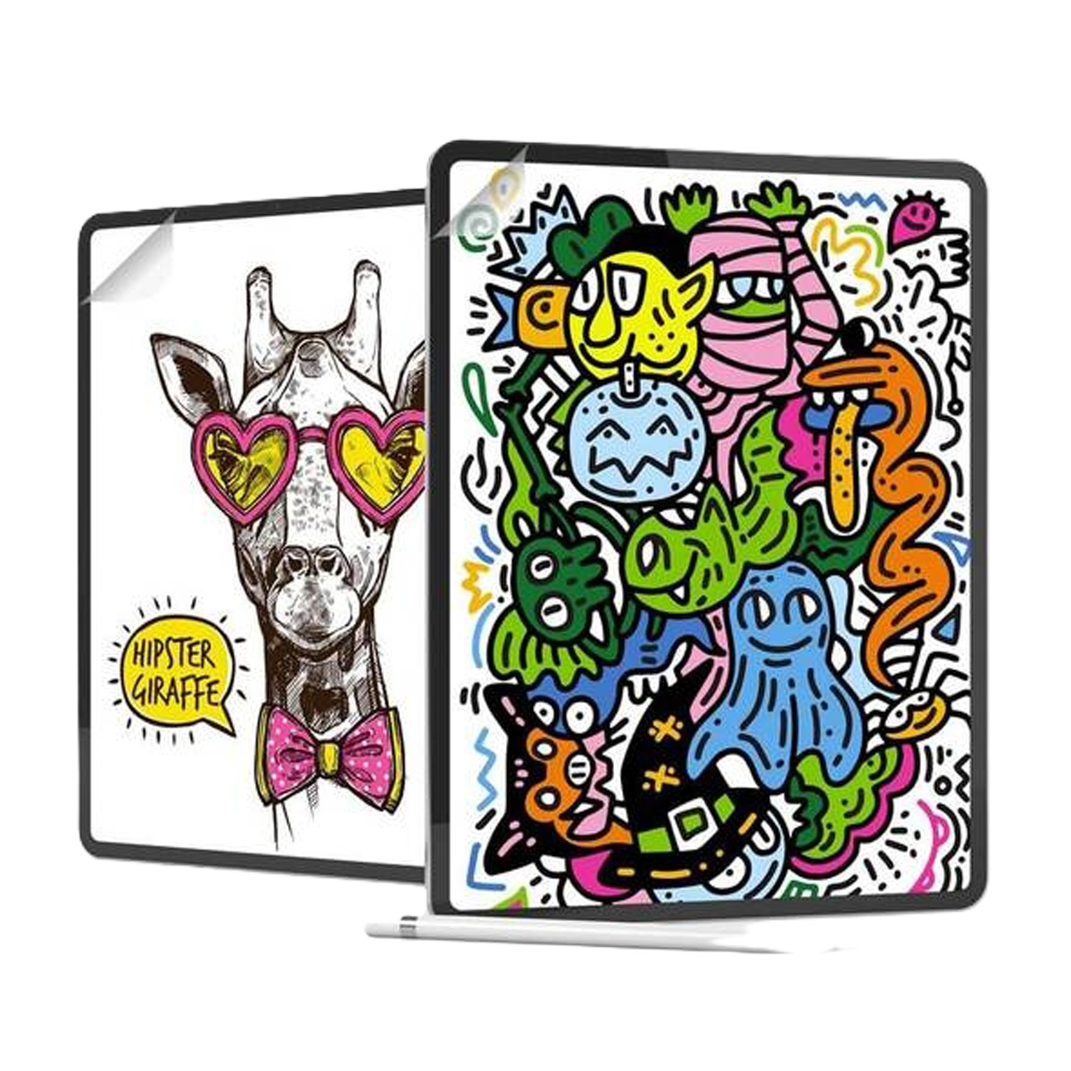 Dos tabletas con garabatos coloridos: jirafa, monstruo y otro arte.
