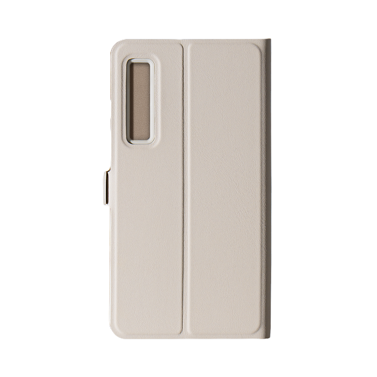 Custodia per telefono beige chiusa, con foro per fotocamera e chiusura magnetica. La custodia è su bianco.